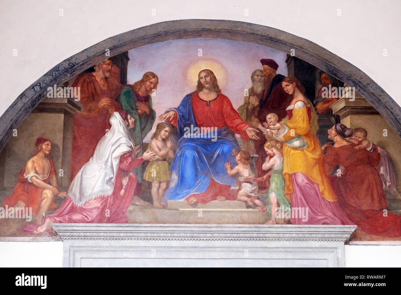 Jésus bénit les enfants, lunette de fresques, Ospedale degli Innocenti - Extérieur arcade, Florence, Italie Banque D'Images