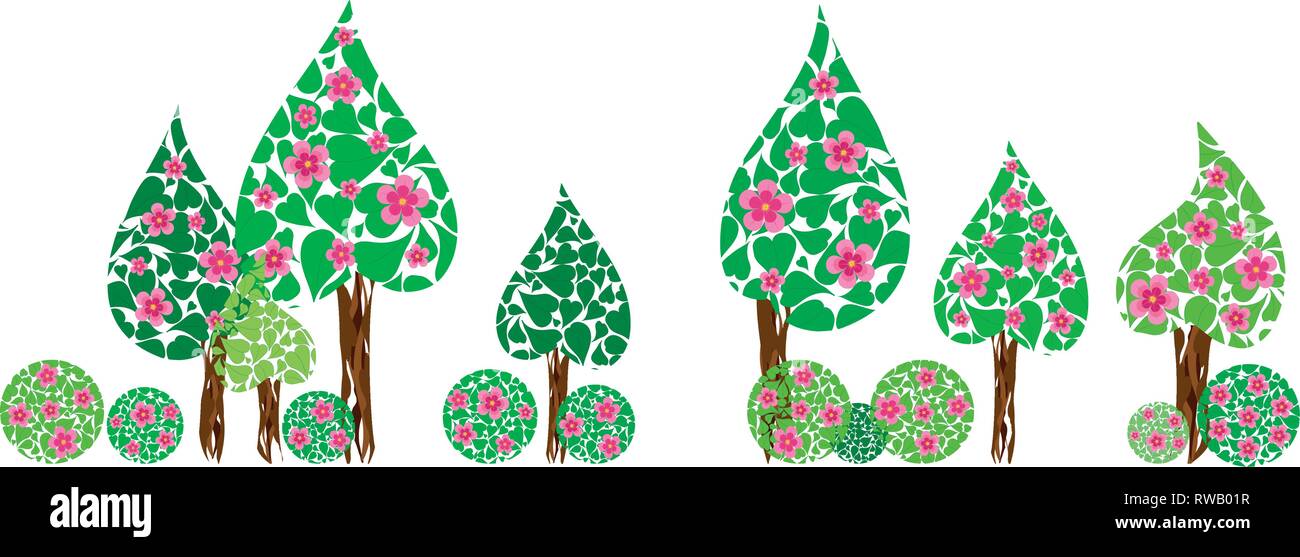 Sans frais du printemps fond eco avec arbres en fleurs avec de la dentelle et de la couronne de fleurs roses isolated on white, vector illustration Illustration de Vecteur