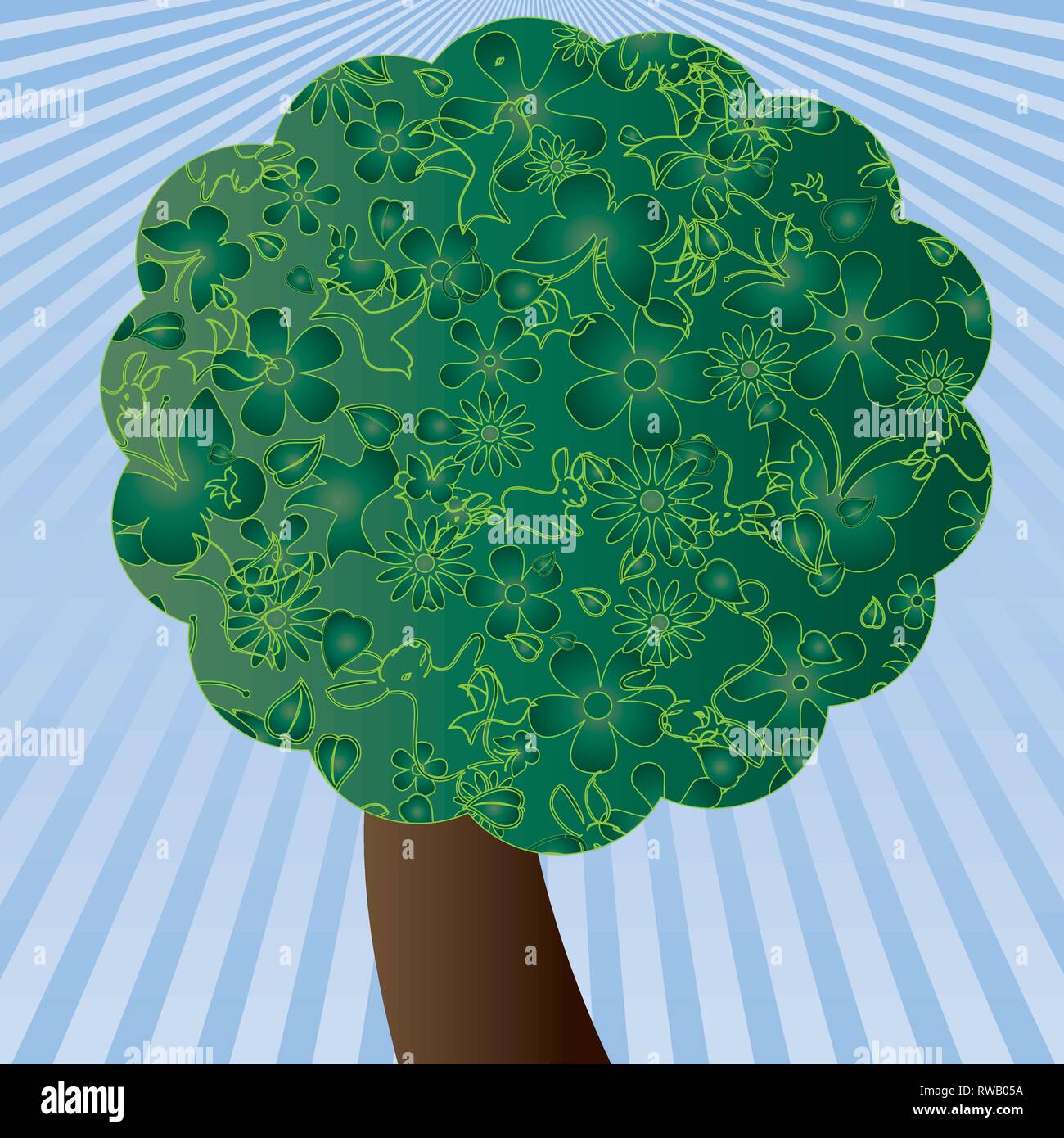 Fait à partir de l'arbre vert flovers, les oiseaux, les lapins, les papillons et les feuilles, vector illustration Illustration de Vecteur