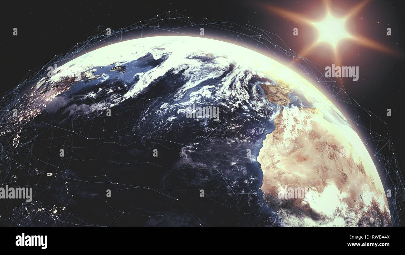 Lever du soleil sur la planète Terre réaliste avec grille de données numériques autour de maillé Banque D'Images