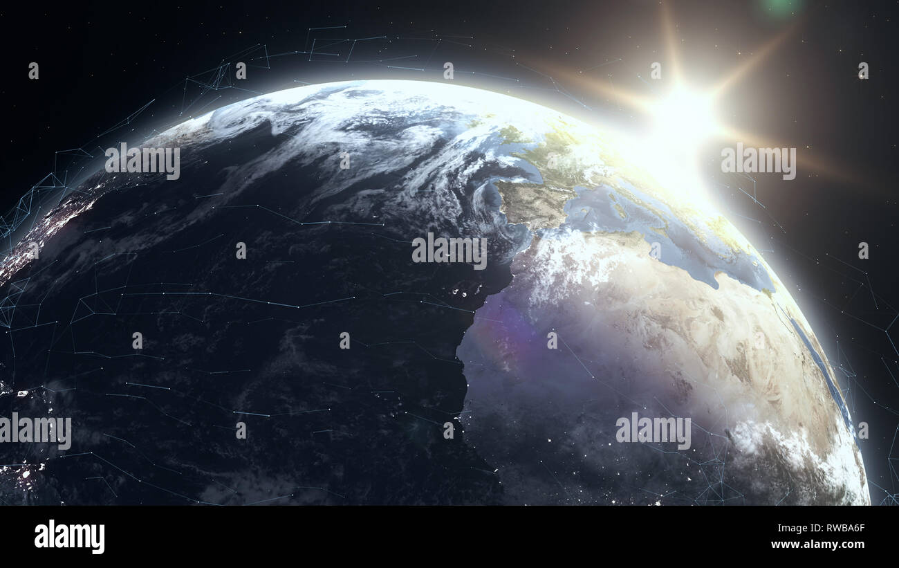 Lever du soleil sur la planète Terre réaliste avec grille de données numériques autour de maillé Banque D'Images
