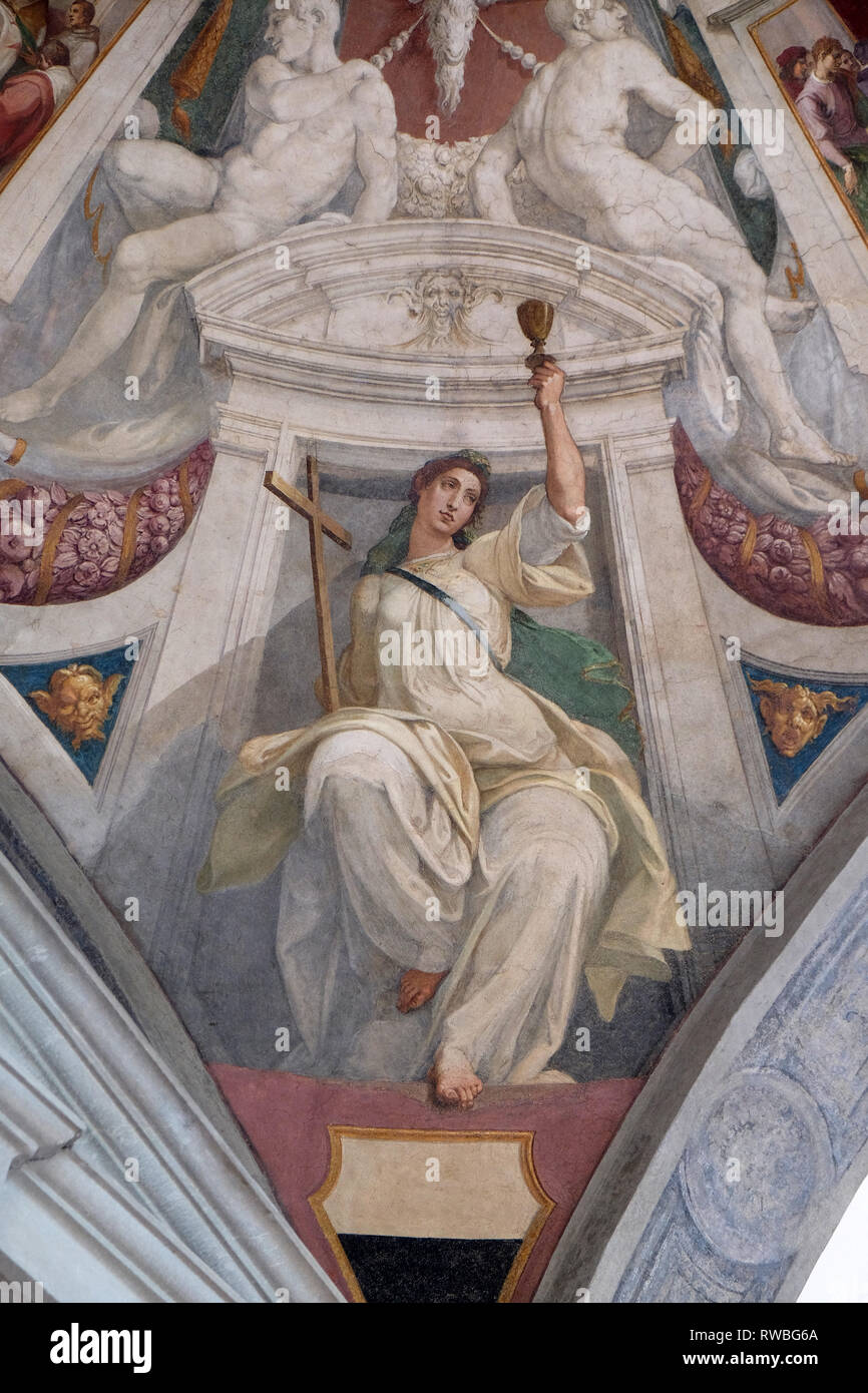 La vertu de foi, fresque de Bernardino Poccetti Ospedale degli Innocenti - Extérieur arcade, Florence, Italie Banque D'Images