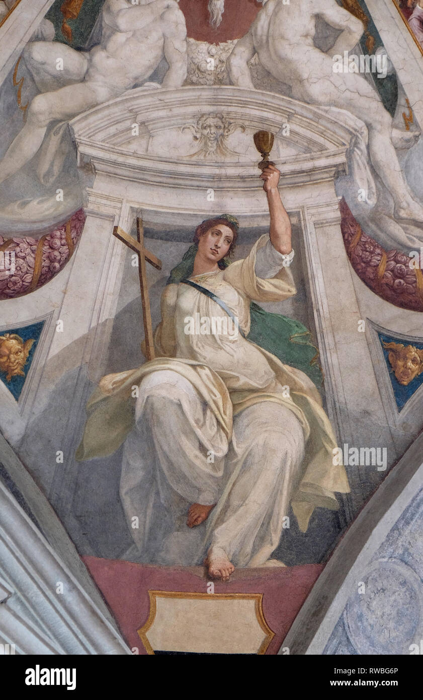 La vertu de foi, fresque de Bernardino Poccetti Ospedale degli Innocenti - Extérieur arcade, Florence, Italie Banque D'Images