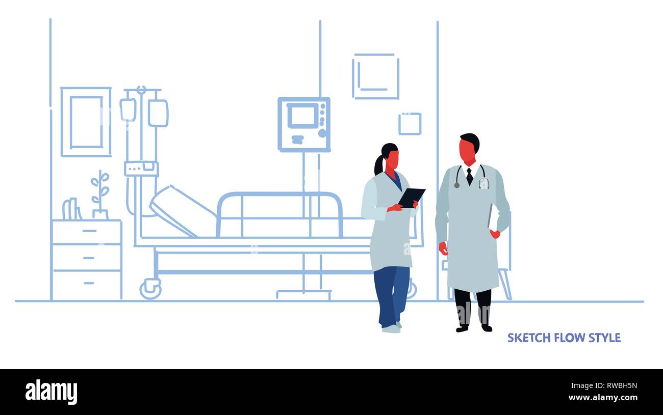 Les médecins hommes femmes en uniforme discutant chambre d'hôpital, le traitement intensif de l'intérieur ward patient avec lit couple travailleurs clinique de l'équipe full length sketch Illustration de Vecteur