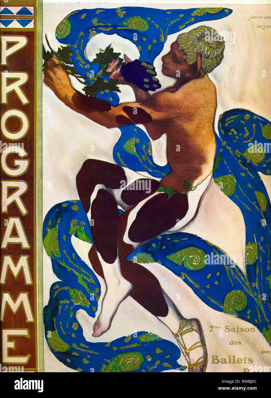 Vaslav Nijinsky Fomich, peinture pour les Ballets Russes, après-midi d'un Faune, 1912, par Léon Bakst, art déco couverture programme ballet Banque D'Images
