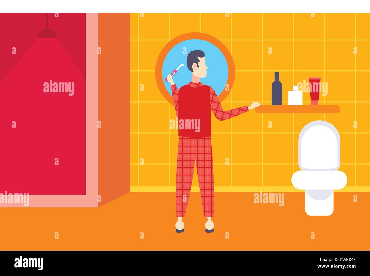 L'homme à se brosser les dents, pyjama vue arrière guy dans l'usure accueil à la salle de bains miroir en personnage masculin intérieur télévision horizontale pleine longueur Illustration de Vecteur