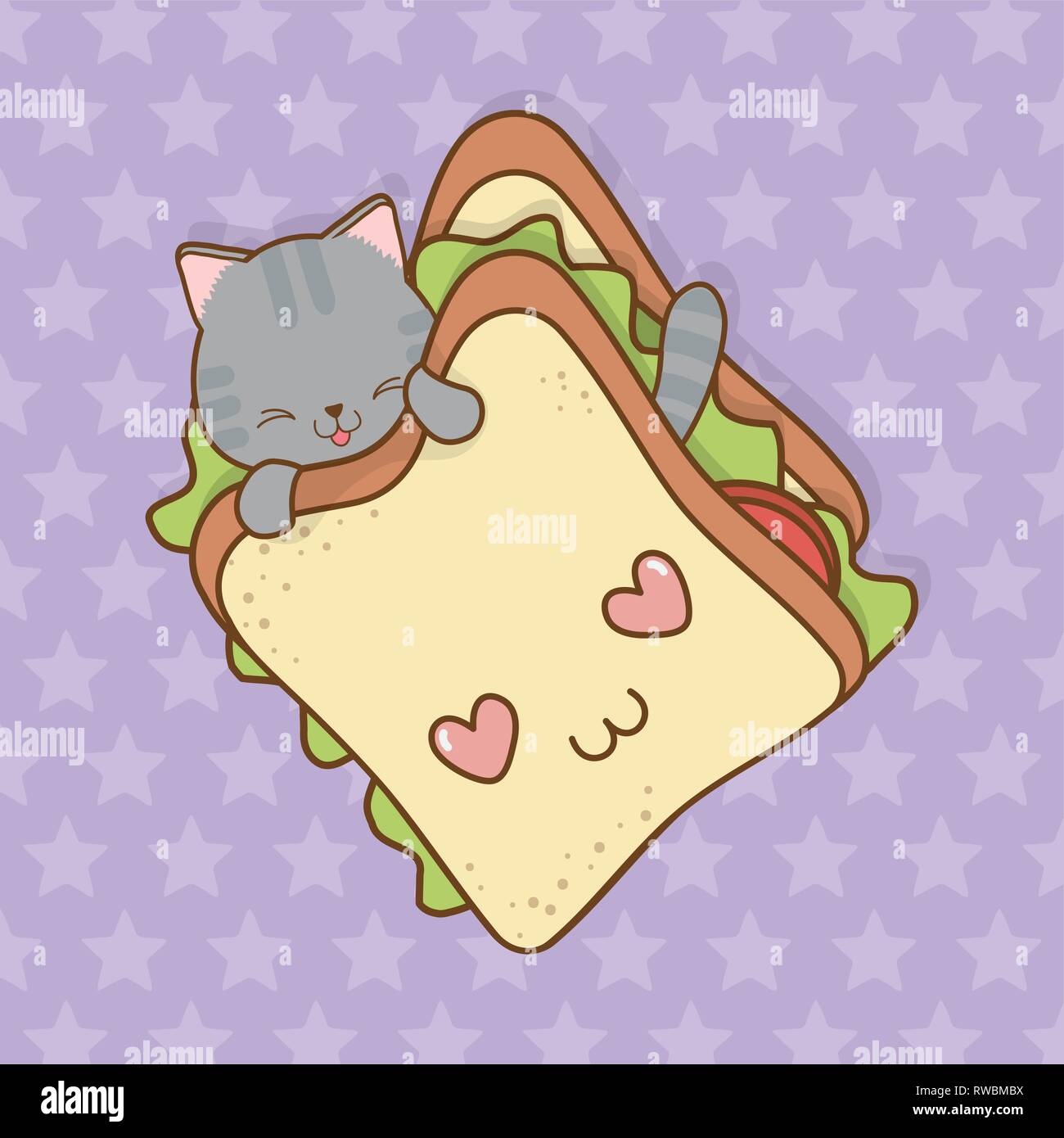 Mignon petit chat à caractère kawaii sandwich Illustration de Vecteur