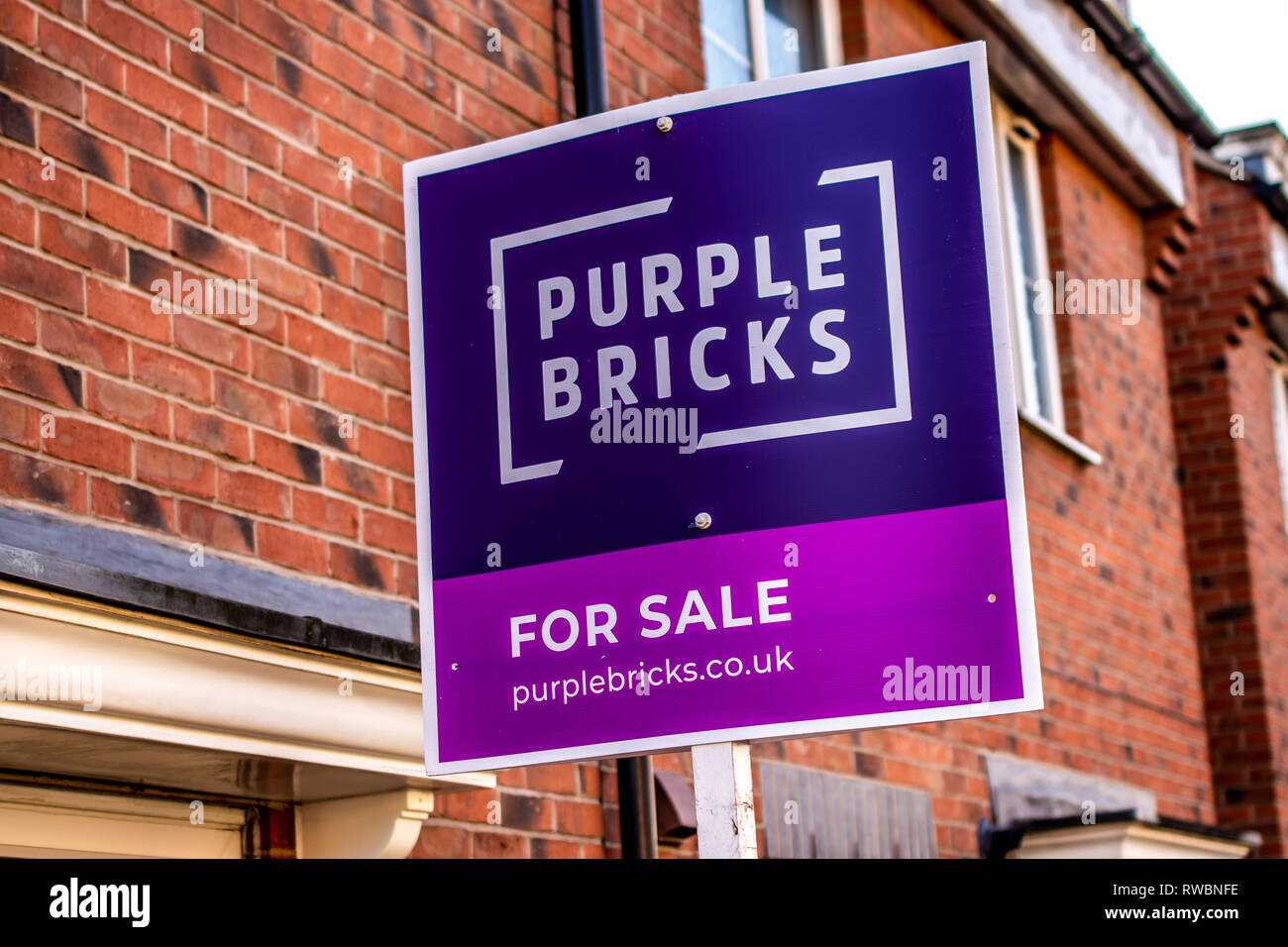 Nottingham, Angleterre, Royaume-Uni - 23/03/2019 agents immobiliers : briques violet panneau indiquant la disponibilité d'un bien immobilier à vendre. violet-vous pour Banque D'Images
