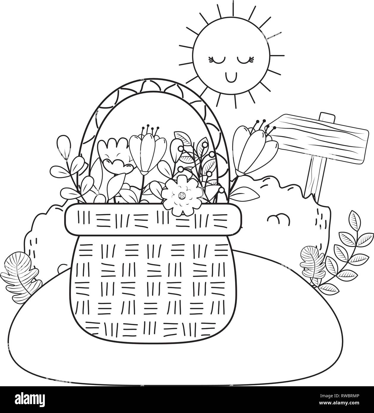 Panier de fleurs avec paille mignon dans le paysage Illustration de Vecteur