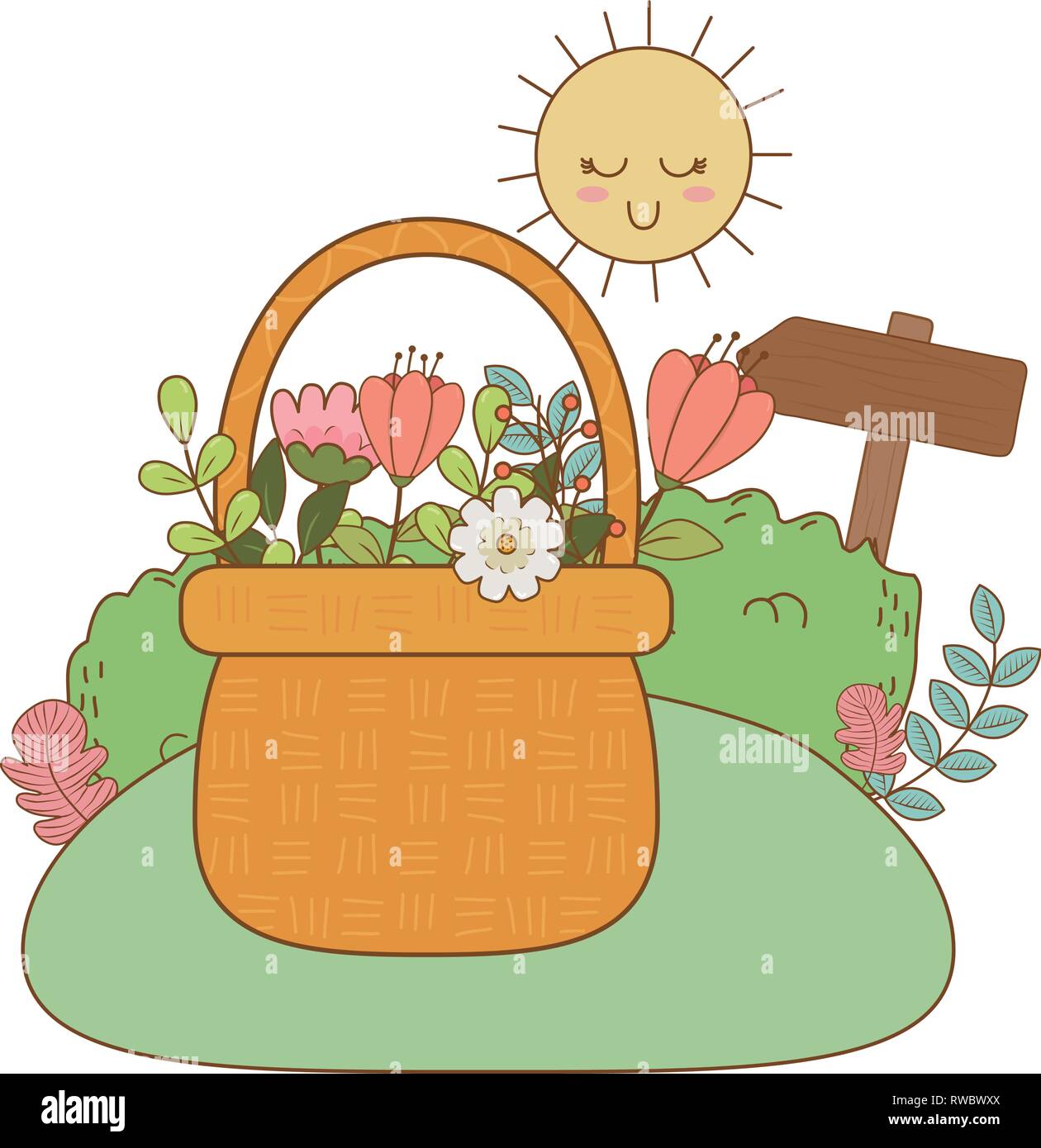 Panier de fleurs avec paille mignon dans le paysage Illustration de Vecteur