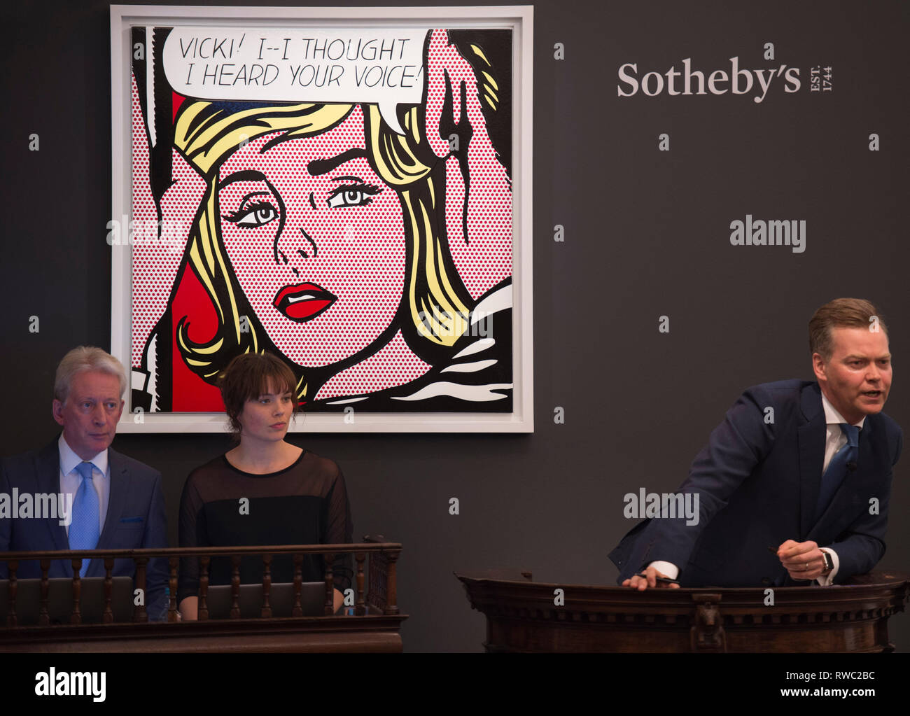 Sotheby's, New Bond Street, London, UK. 5 mars, 2019. Dans l'Art Contemporain vente du soir, Roy Lichtenstein's 'Vicki ! J-J'ai cru entendre Votre voix' estimé à £000 000 5,000,000-7,, et se vend à 5 836 050 €. La soirée a présenté aux enchères €93,2 millions de dollars. Credit : Malcolm Park/Alamy Live News. Banque D'Images