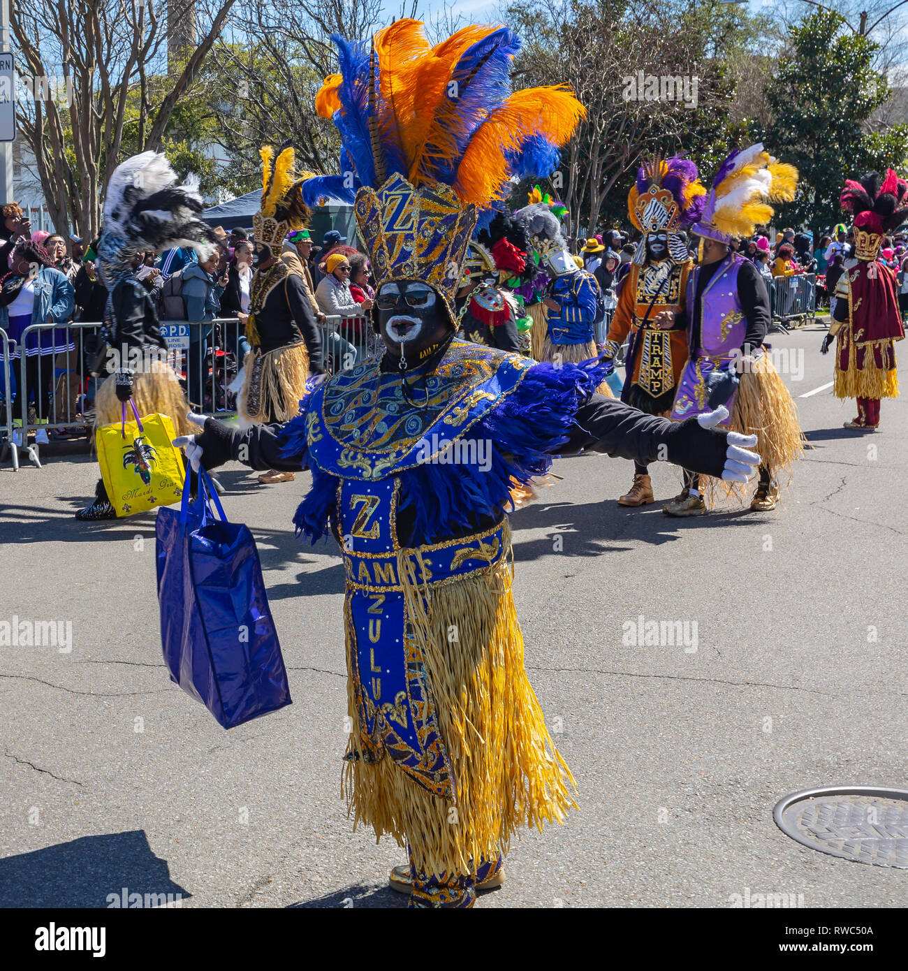 LA Nouvelle-Orléans, Louisiane, USA 5 mars 2019 l'aide sociale zoulou & Pleasure Club sont descendus dans la rue sur le Mardi gras avec leurs costumes traditionnels de jupes et d'herbe et signature jette le Mardi gras de coco peint à la main. Crédit : Tom Pumphret/Alamy Live News Banque D'Images