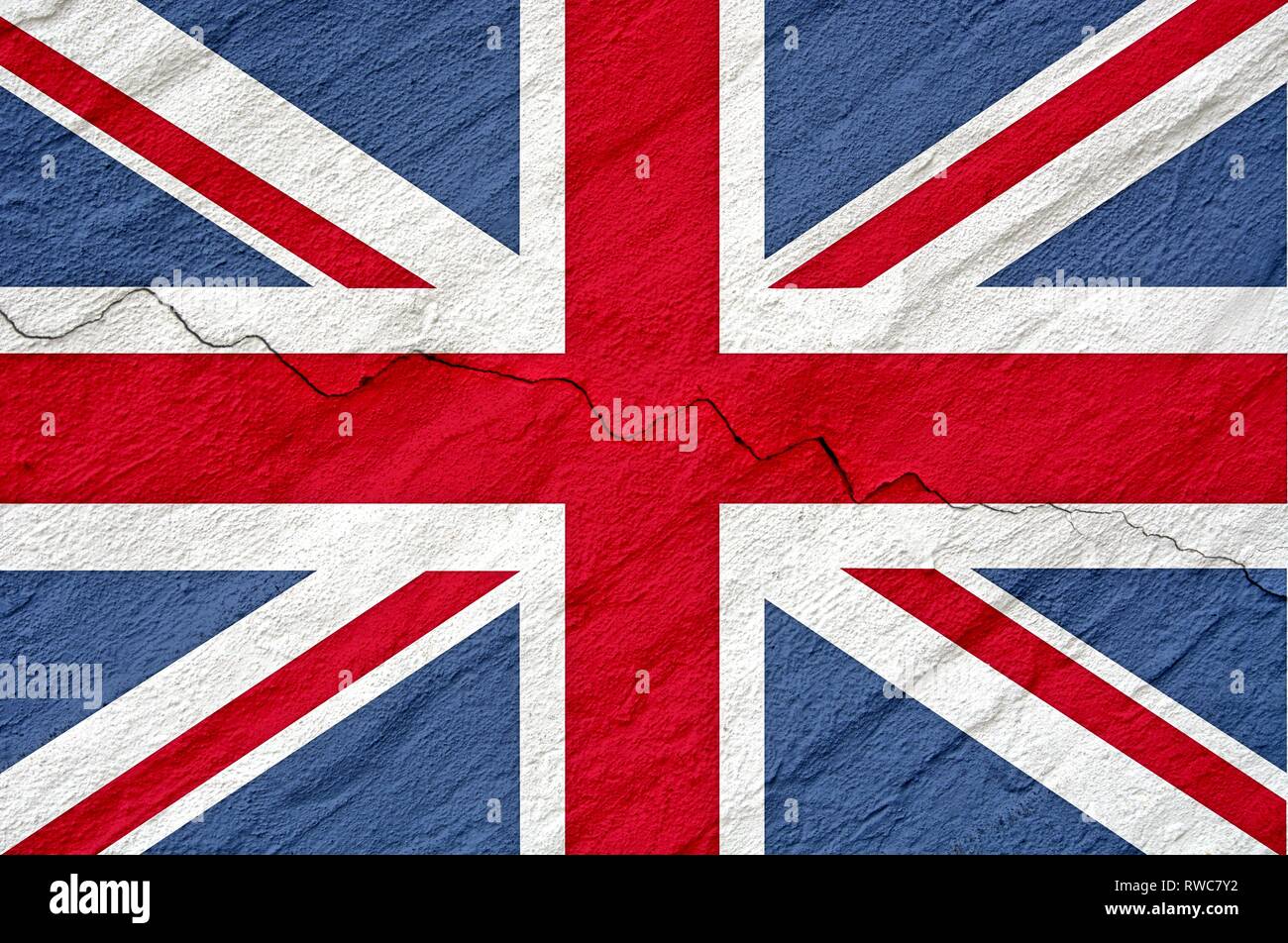 Une composition symbolique avec le drapeau britannique, l'Union Jack sur un mur de béton avec le crack comme un symbole pour la dernière sortie de la British à partir de l'UE, qui aura probablement lieu le 29 mars 2019. La photo symbolise également la scission de l'anglais au Brexit question ainsi que l'incertitude quant à savoir s'il y aura un contrat avec l'UE ou d'un disque Brexit. Dans le monde d'utilisation | Banque D'Images