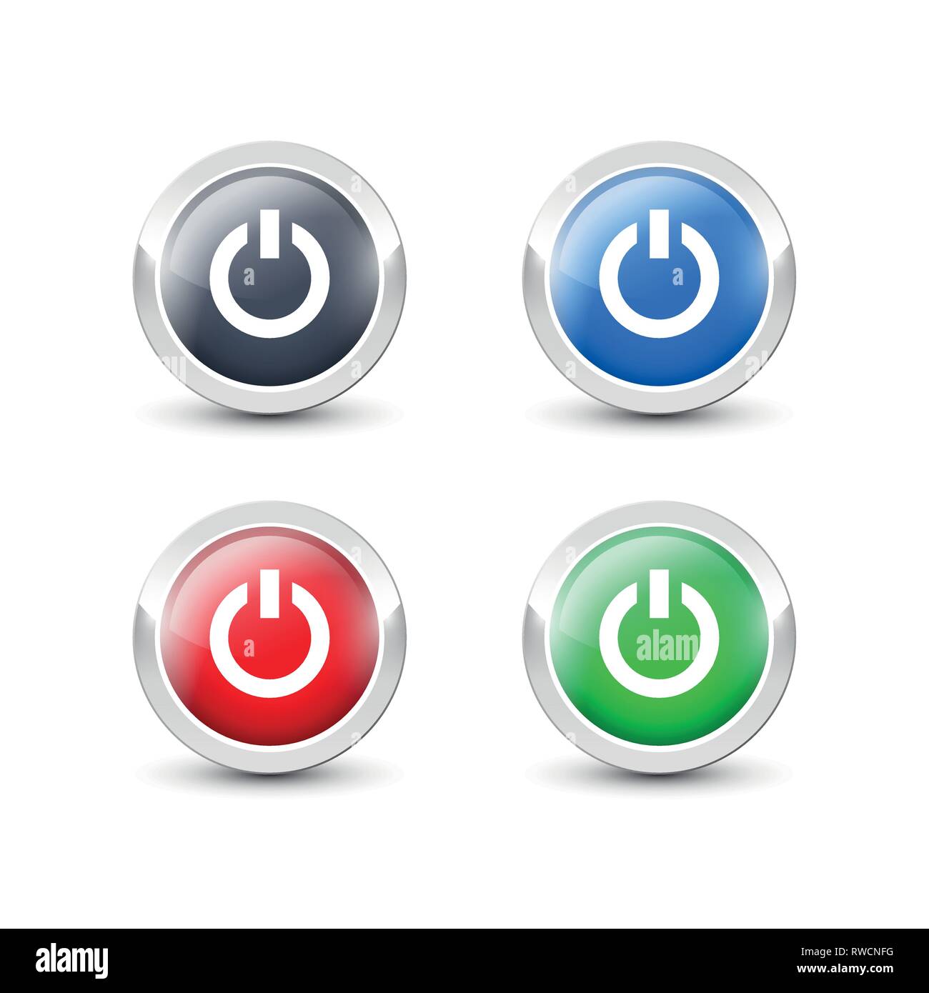 Tour des boutons d'alimentation avec l'argent métallique frontière. Bouton de démarrage vecteur icônes isolé sur fond blanc. Illustration de Vecteur