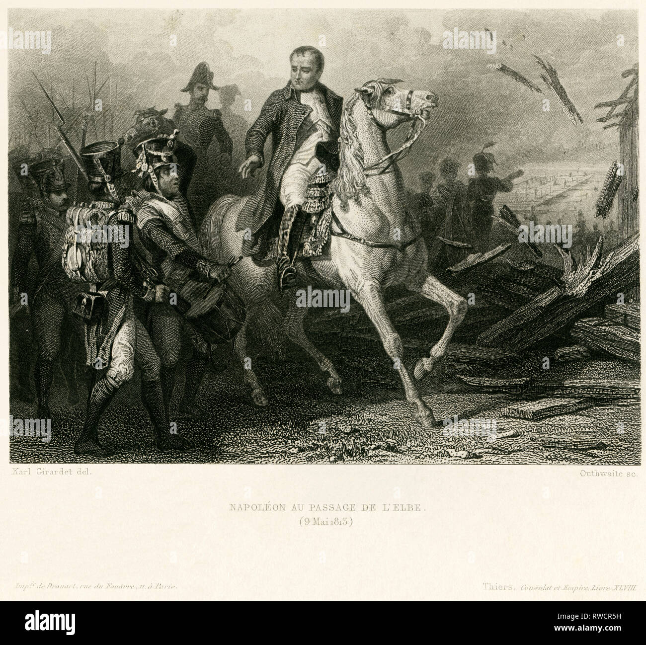 Texte original : "Napoléon au passage de l'Elbe, Napoléon ' (traversée de l'Elbe), gravure sur acier par Outhwaite après Girardet, autour de 1850. De l'artiste n'a pas d'auteur pour être effacé Banque D'Images