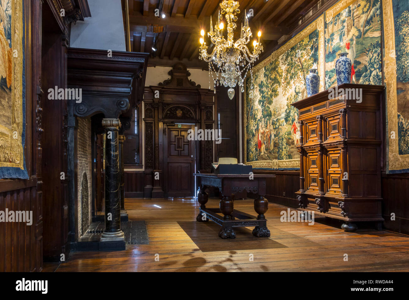 17e siècle et tapisserie en meubles le Musée Plantin-Moretus / Plantin-Moretusmuseum sur les imprimantes du 16ème siècle, Anvers, Belgique Banque D'Images