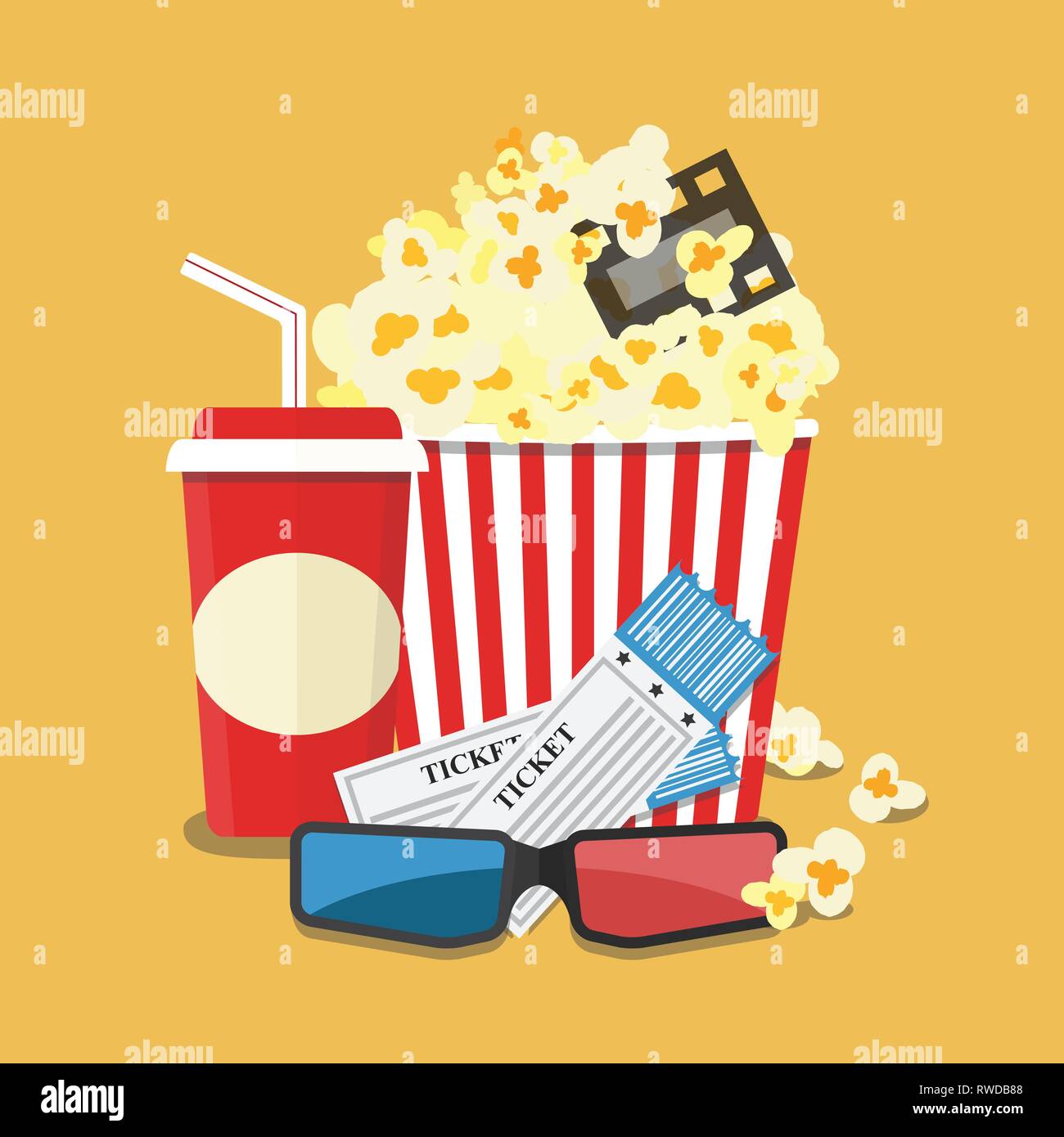 Popcorn et boisson. La frontière de la bande de film. Soirée cinéma cinéma télévision dans l'icône de style design. Arrière-plan lumineux. Vector illustration Illustration de Vecteur