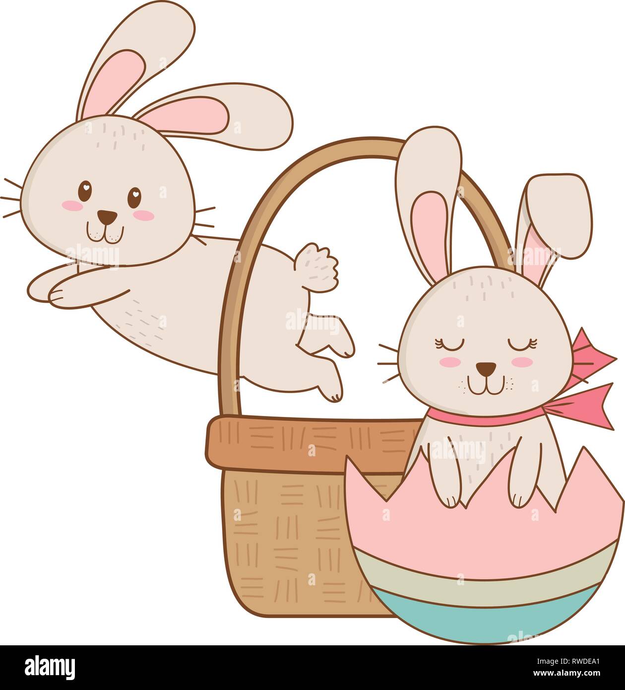 Des petits lapins avec oeuf peint en caractères de pâques panier Illustration de Vecteur