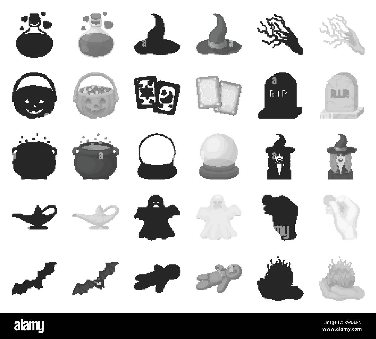 ,Accessoires,art,bat,Black,benne,monochrome,chaudron,coin,cristal,collection,design,doll,feu,genie,ghost, chapeau,pierre tombale,icône,illusion illusioniste,illustration,lampe,isolé,logo,la foudre,amour,magie,magicien,miracle,accessoires,mysticisme,citrouille,potion,set,signer,crâne,sorcier sort,symbole,tarot,tour,vecteur,web,vaudou sorcière,blanc,vecteurs vecteur , Illustration de Vecteur