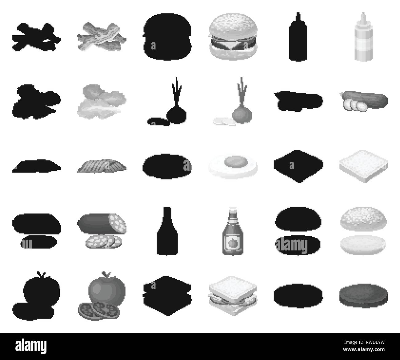 Bacon,Black,bouteille,monochrome, pain, burger, café, fromage, poulet,collection,concombre,cuisine,la composition,design,rapide,oeufs,alimentation,la moitié de l'icône,,illustration,isolé,ingrédient,éléments,feuilles,ketchup laitue,logo,viande,moutarde,oignon,,piece,produit,restaurant,roll,salami sandwich,, saucisses, œufs brouillés,assaisonnement,set,signe symbole,tomate,goût,,légumes,web,vecteurs vecteur , Illustration de Vecteur