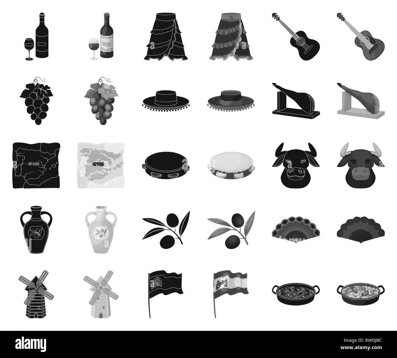 ,Acoustique,art,attraction,noir,noir,bouteille,direction,bull botte,collection,pays,Culture,design,ventilateur,flag,verre,flamenco,raisin,guitare, chapeau,tête,icône illustration,isolé,jambon,voyage,logo,matador,moulin,huile,olive,olives,paella,set,population showplace,vue,jupe,signe,Espagne,Spanish,cote,tambourin,territoire,tourisme,voyage,traditions,web,vecteur vecteurs vecteur , vin Illustration de Vecteur
