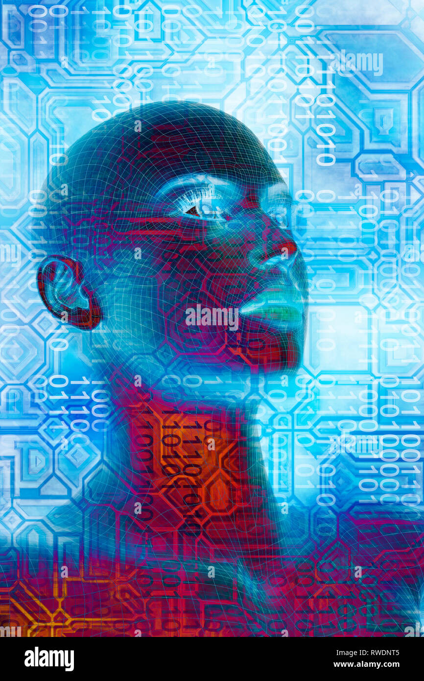 Humanoïde femelle et de chiffres binaires, concept pour l'IA et la singularité technologique Banque D'Images
