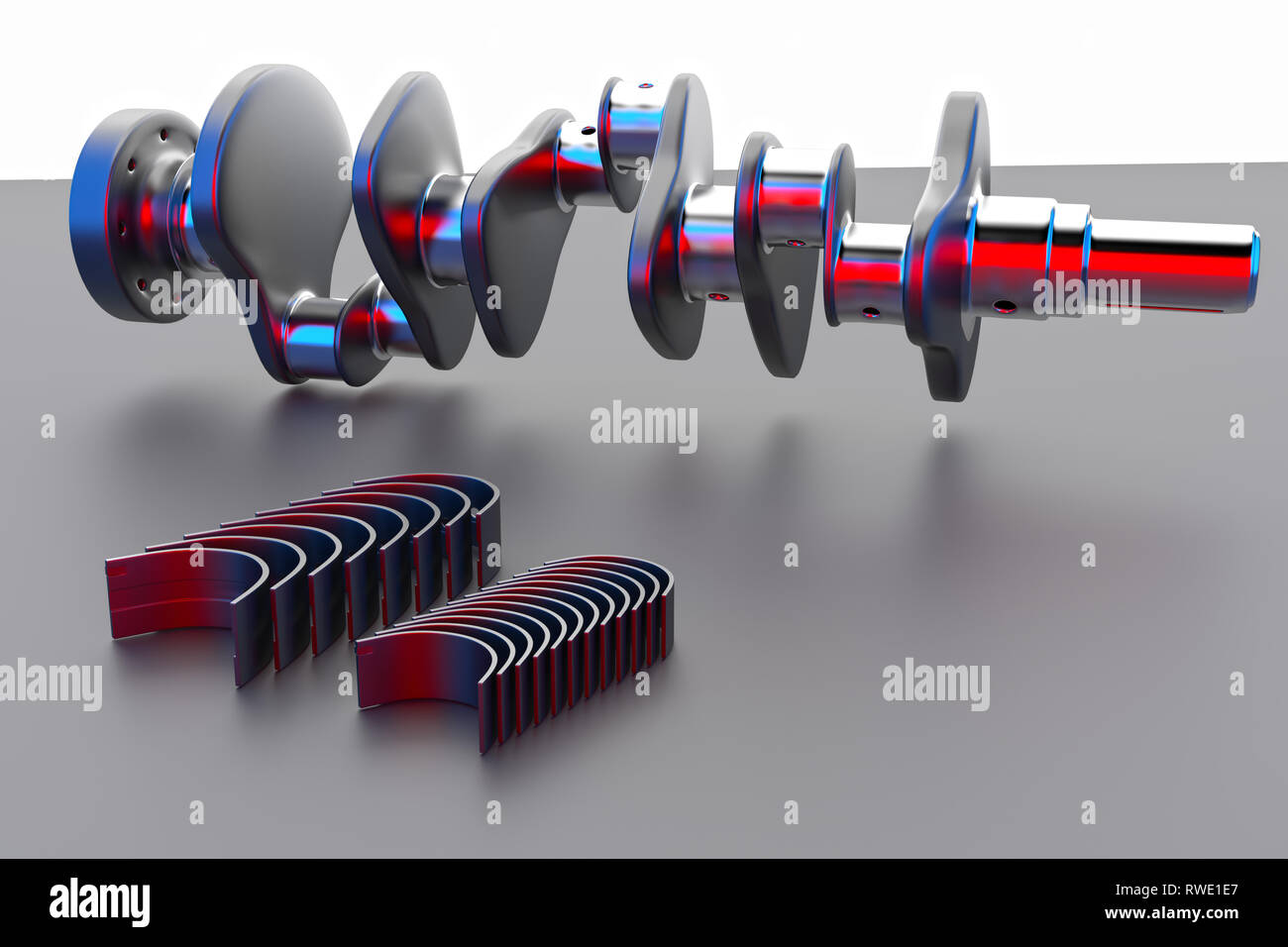 Le rendu 3D. Pour vilebrequin 6v cylindres moteur. Chariot vilebrequin sur fond multicolore. Roulement moteur vilebrequin. Banque D'Images