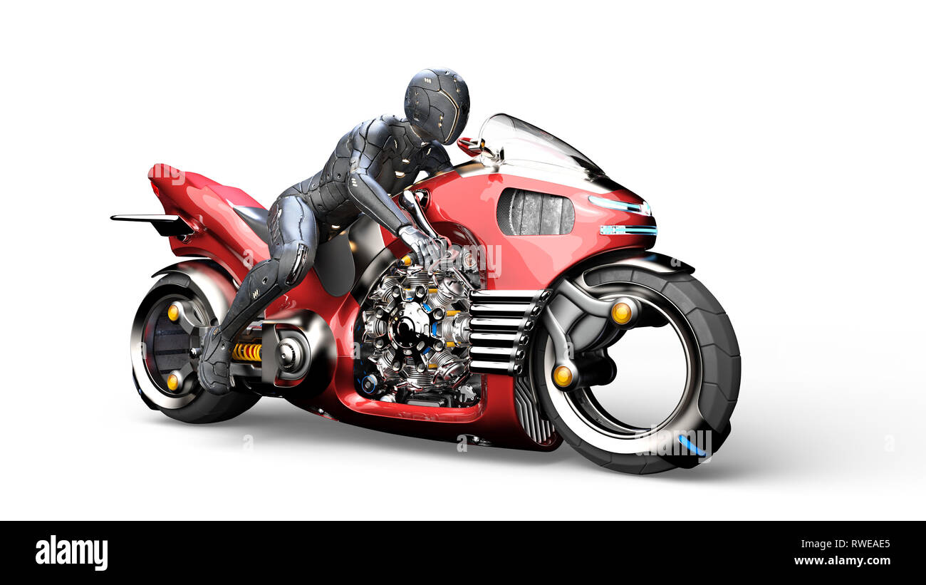 Fille de motards avec casque équitation un vélo sci-fi, femme rouge sur moto futuriste isolé sur fond blanc, 3D Rendering Banque D'Images