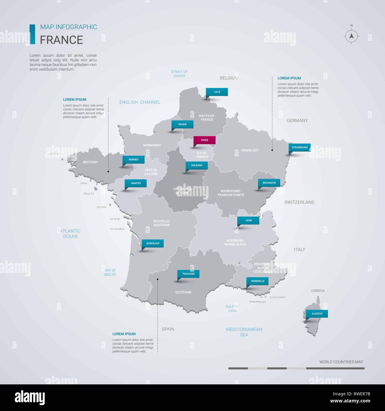 France carte vectorielle avec éléments infographique, pointeur marques. Modèle modifiable avec les régions, les villes et les paris. Illustration de Vecteur