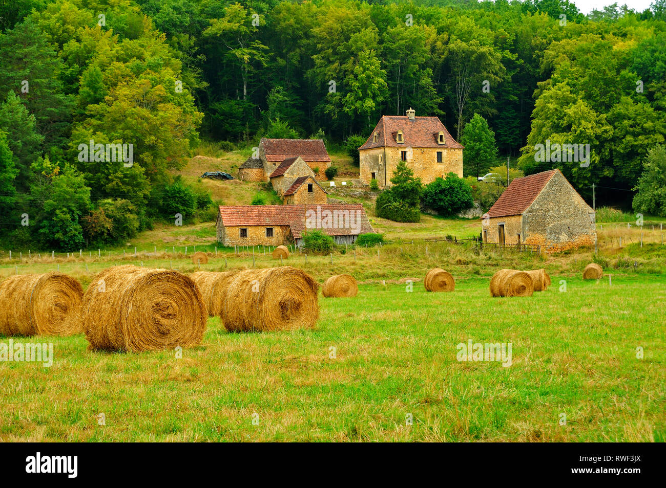 Bottes de foin dans une ferme près de Les Eyzies-de-Côle, Département de la Dordogne, Aquitaine, France Banque D'Images