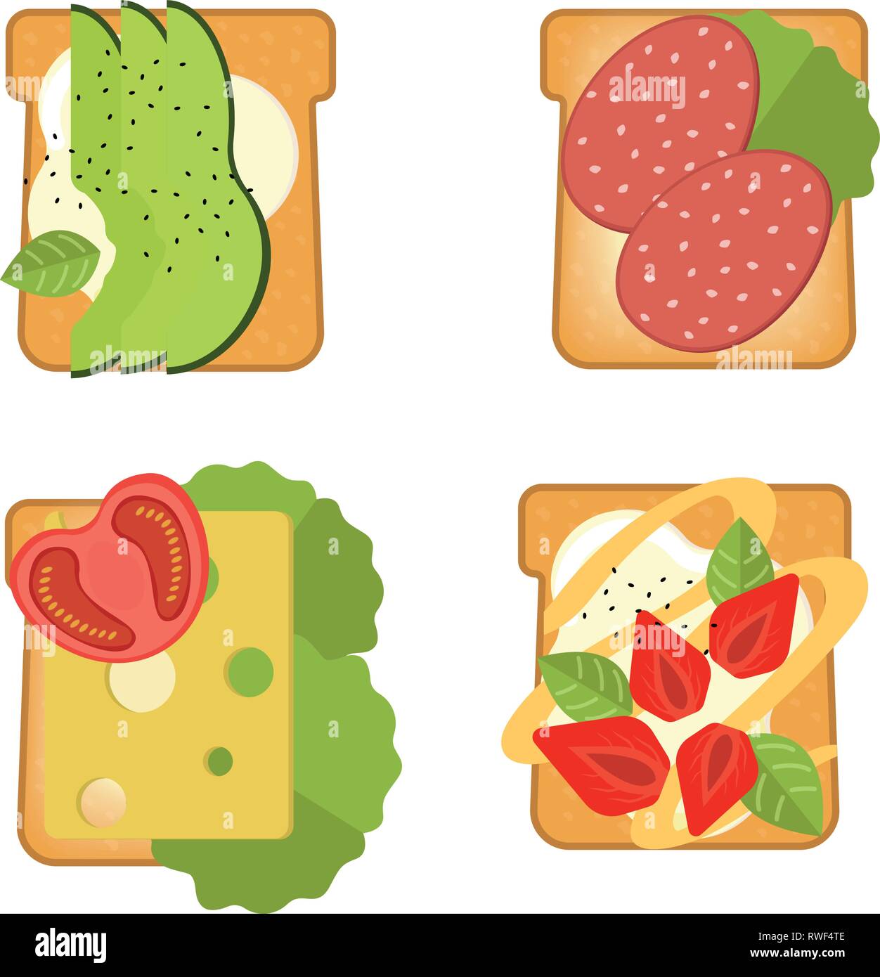 Jeu de sandwichs avec différents ingrédients toast à l'avocat, salami, fromage, saumon, fruits rouges, fraise, figue alimentation saine. Vector illustration Illustration de Vecteur