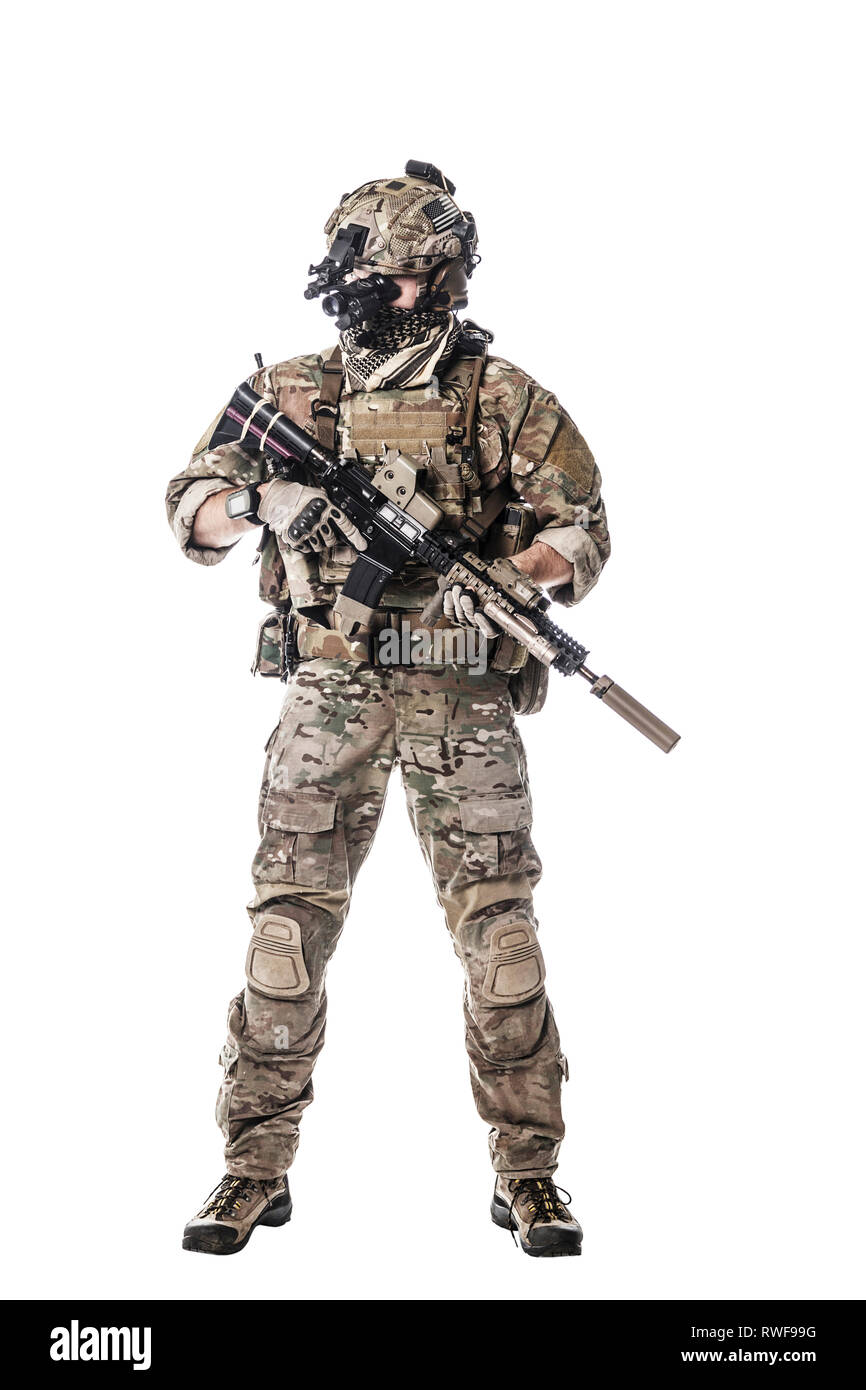 Portrait d'une armée de Rangers uniforme sur le terrain portant un foulard Shemagh Kufiya. Banque D'Images