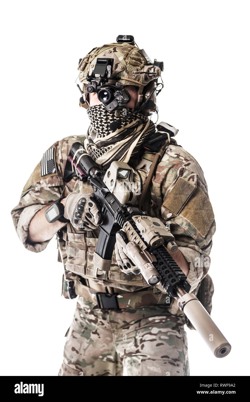 Portrait d'une armée de Rangers uniforme sur le terrain portant un foulard Shemagh Kufiya. Banque D'Images
