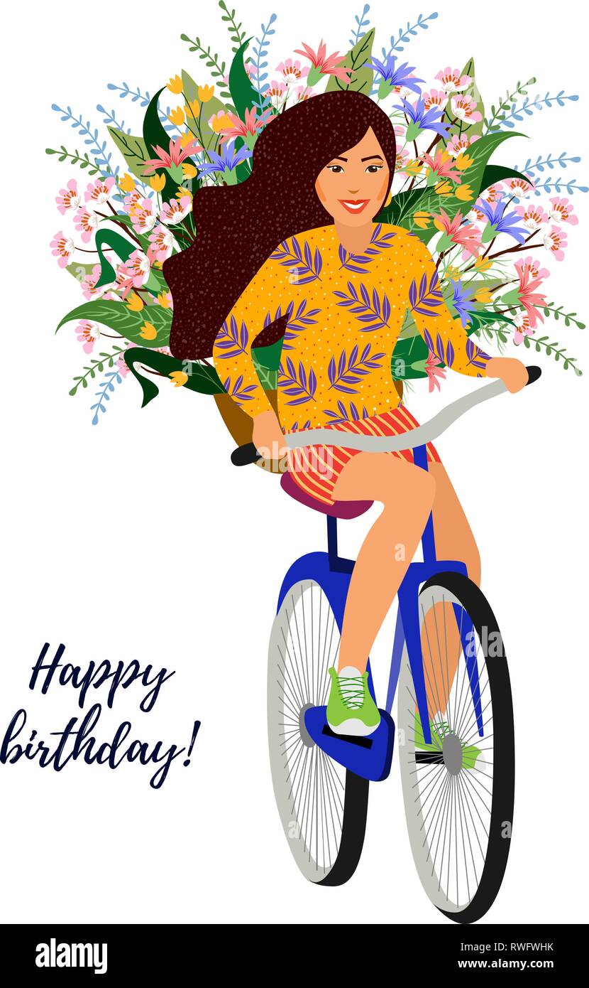 Joyeux Anniversaire Cute Smiling Girl Isoles Sur Un Velo Avec Un Panier De Fleurs Sauvages Sur Un Fond Blanc Dans Le Quartier Branche D Illustration Vectorielle Television Style Image Vectorielle Stock Alamy