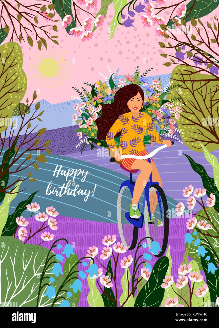 Joyeux Anniversaire Cute Smiling Girl Sur Un Velo Avec Un Panier De Fleurs Sauvages Dans Le Contexte De L Ete Naturel Du Paysage Vector Illustrati Image Vectorielle Stock Alamy