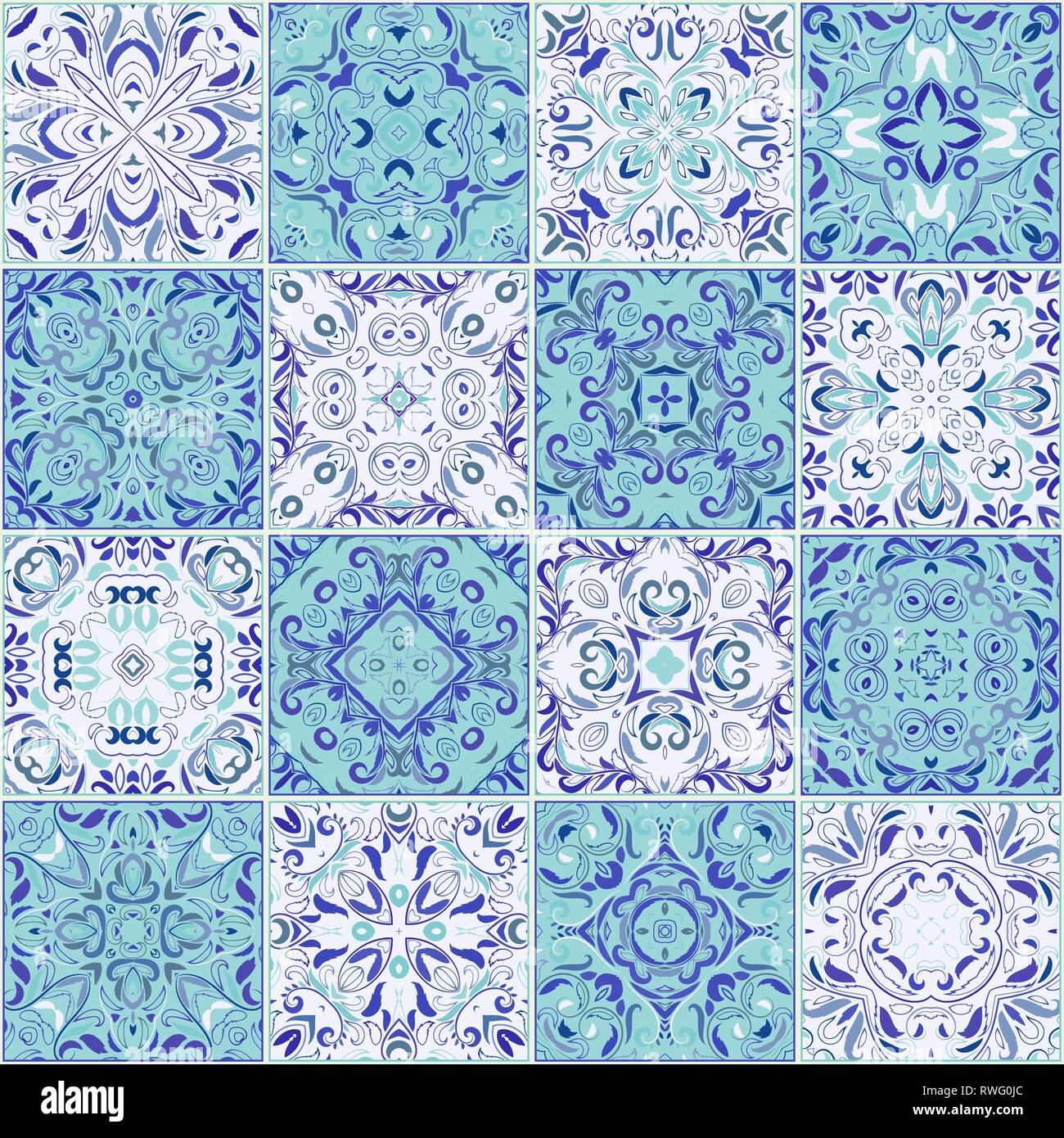 Une collection de carreaux de céramique dans le bleu. Un ensemble de modèles de carrés dans un style oriental. Vector illustration. Illustration de Vecteur