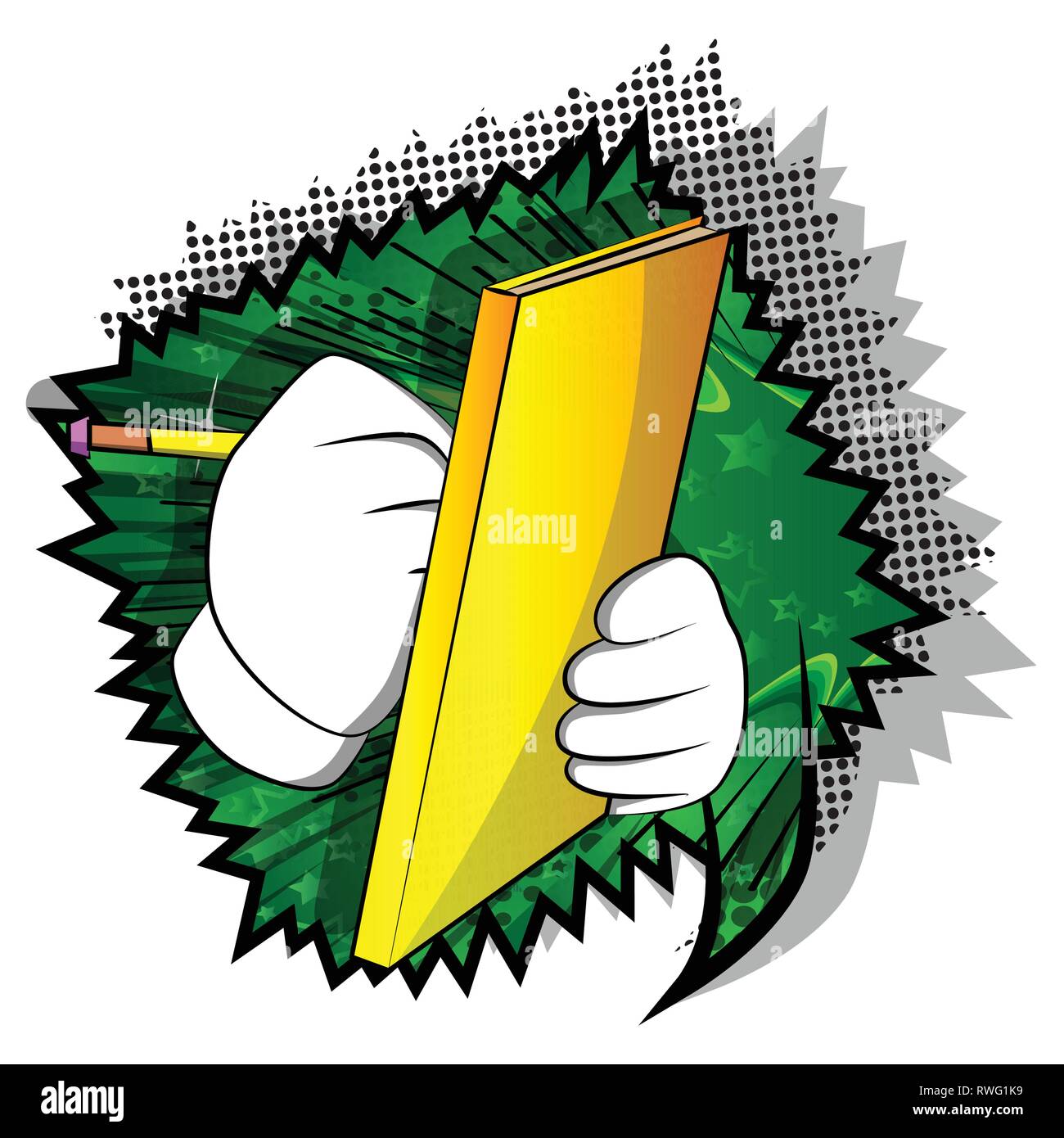 Vector cartoon part écrit au crayon sur une couverture de livres. Signe illustré sur fond de bande dessinée. Illustration de Vecteur