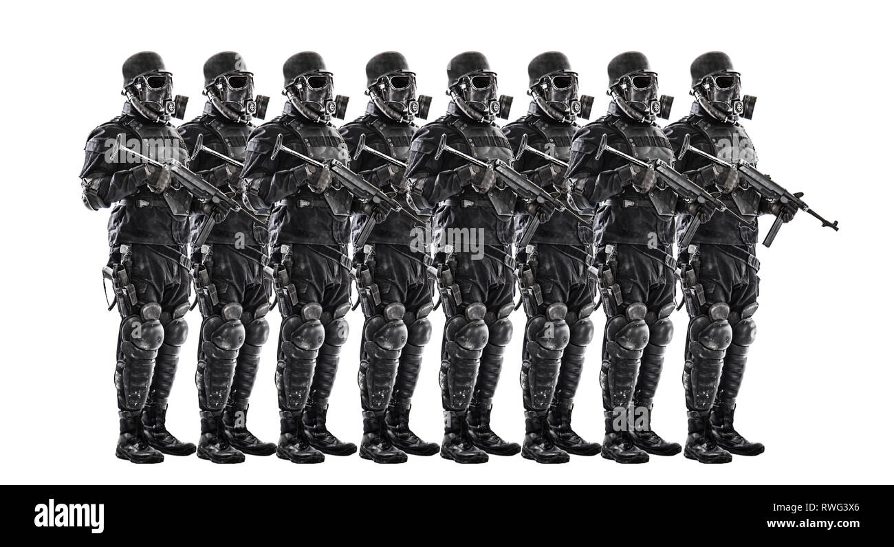 Ligne de soldats nazis futuriste portant des masques à gaz et de casques d'acier. Banque D'Images