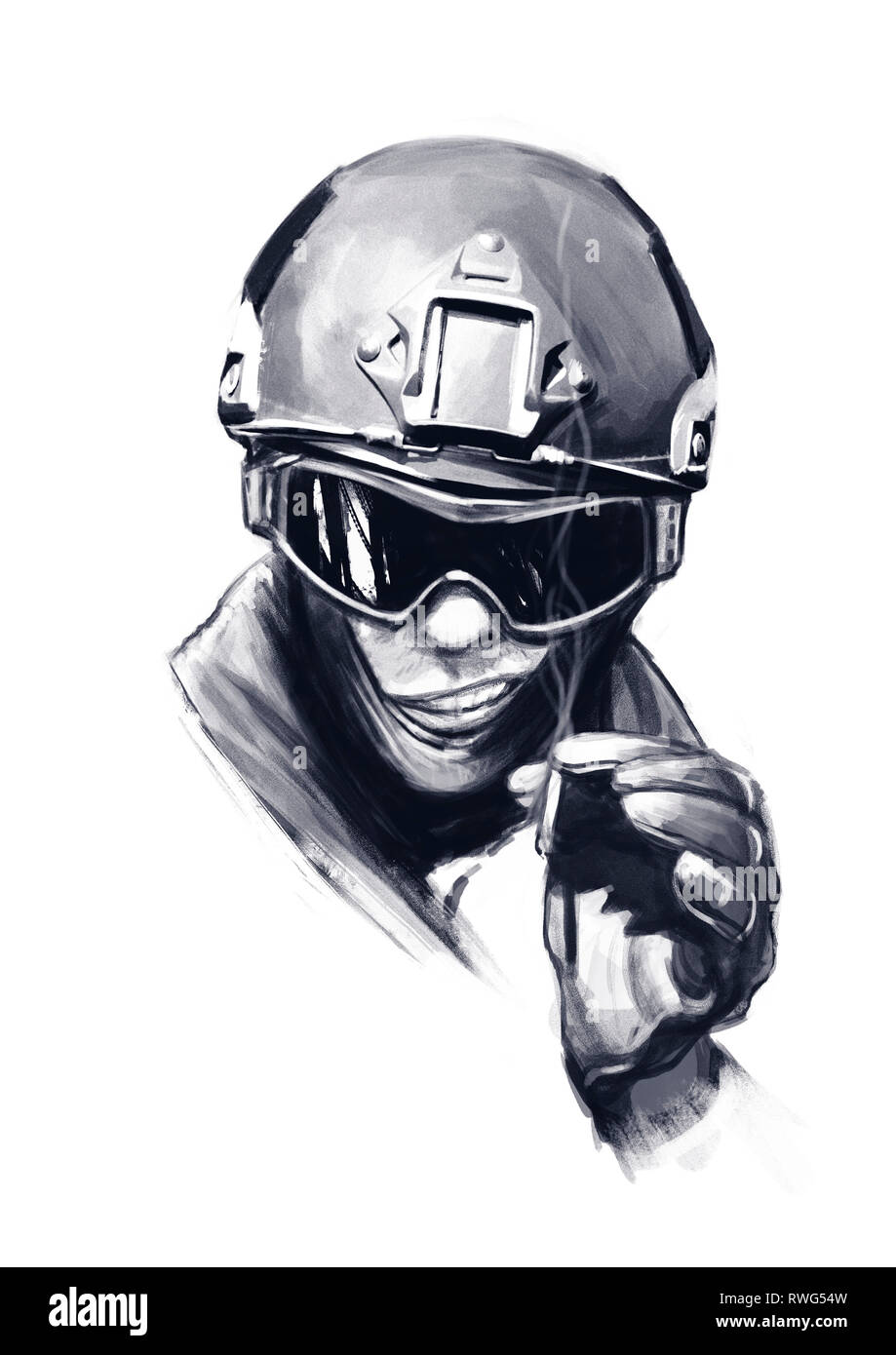 Funny hand drawn cartoon illustration d'une spec ops agent de police SWAT avec cigarette, isolé sur fond blanc. Banque D'Images