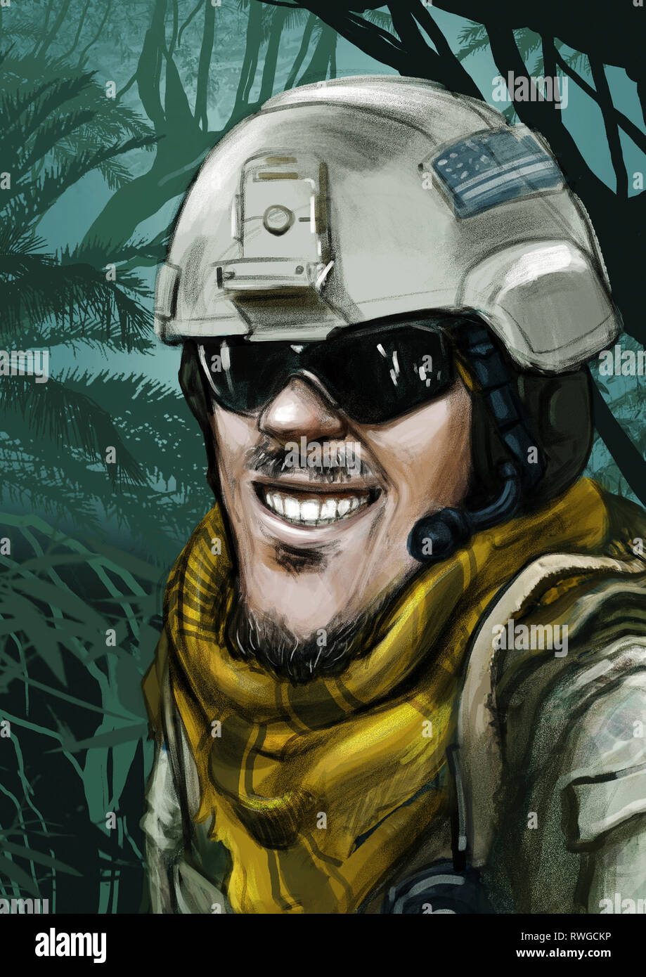 Funny hand drawn cartoon illustration d'un soldat des forces spéciales de l'armée dans la jungle. Banque D'Images