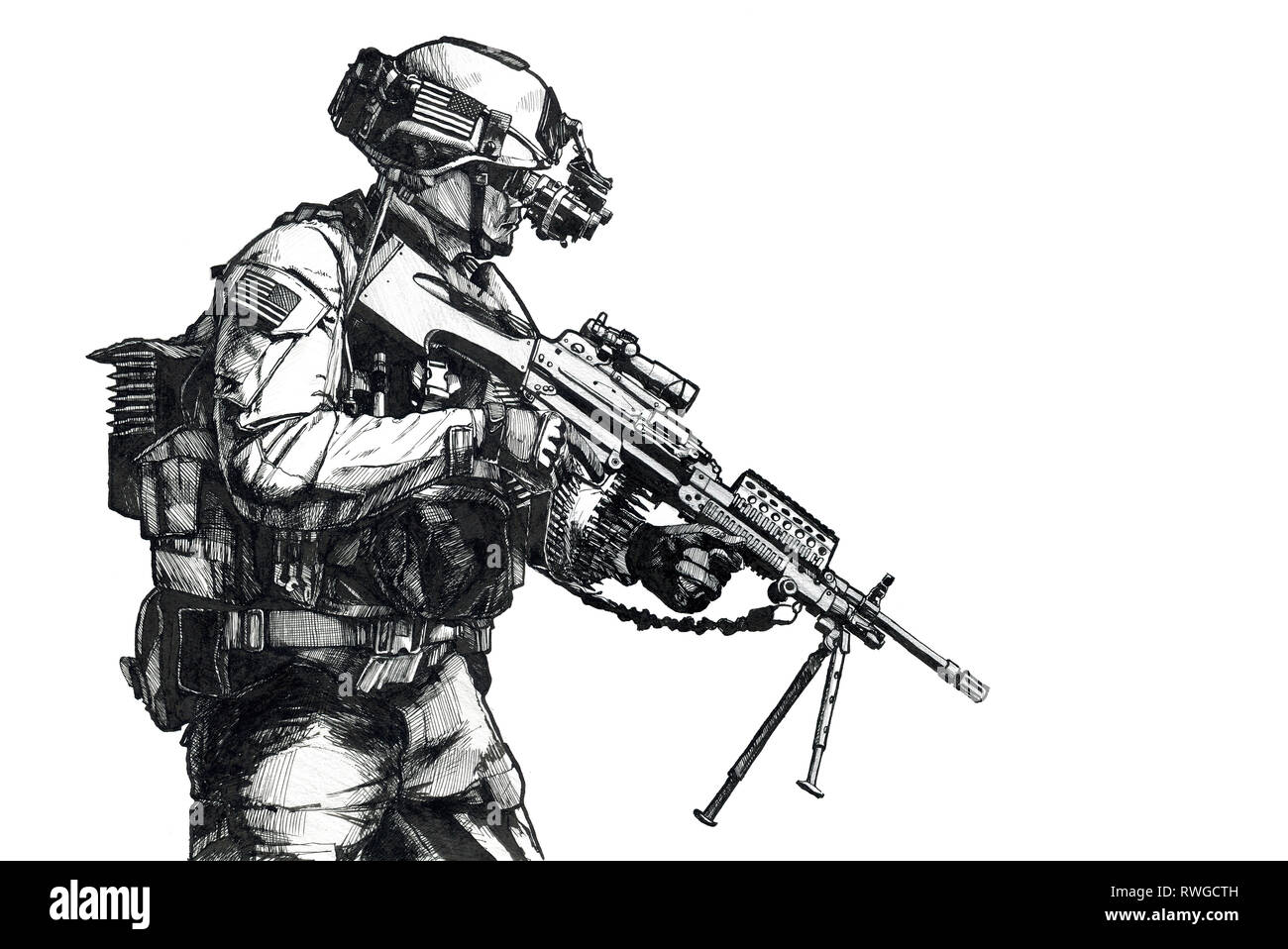 Image de la main de l'armée américaine avec un Ranger de mitrailleuse et de lunettes de vision de nuit. Banque D'Images