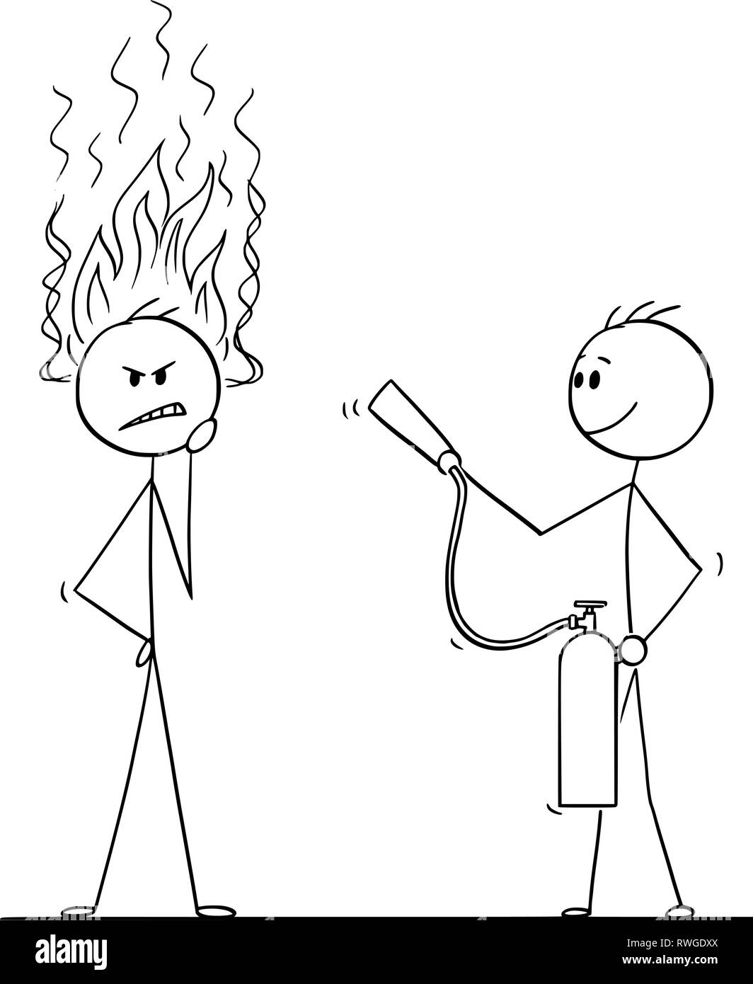 Caricature de l'homme ou homme en réfléchissant avec des flammes venant de la tête, un autre homme à Extincteur Illustration de Vecteur