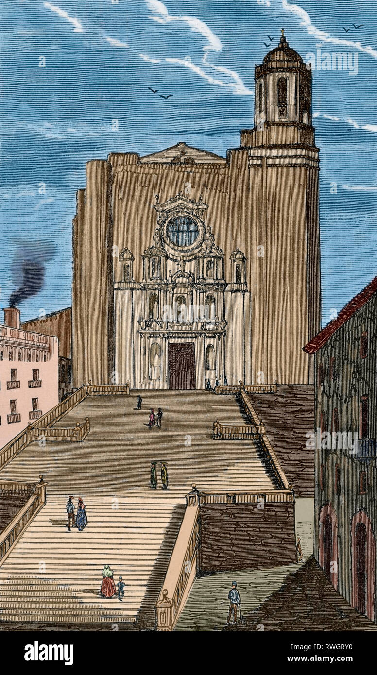 L'Espagne. La Catalogne. Cathédrale de Saint Mary de Gérone. Façade principale de la 17e siècle, style classique baroque. Dessin de Miranda. La gravure. Plus tard la couleur. Crónica general de España, Historia Ilustrada Descriptiva y de sus Provincias. La Catalogne. 1866. Banque D'Images