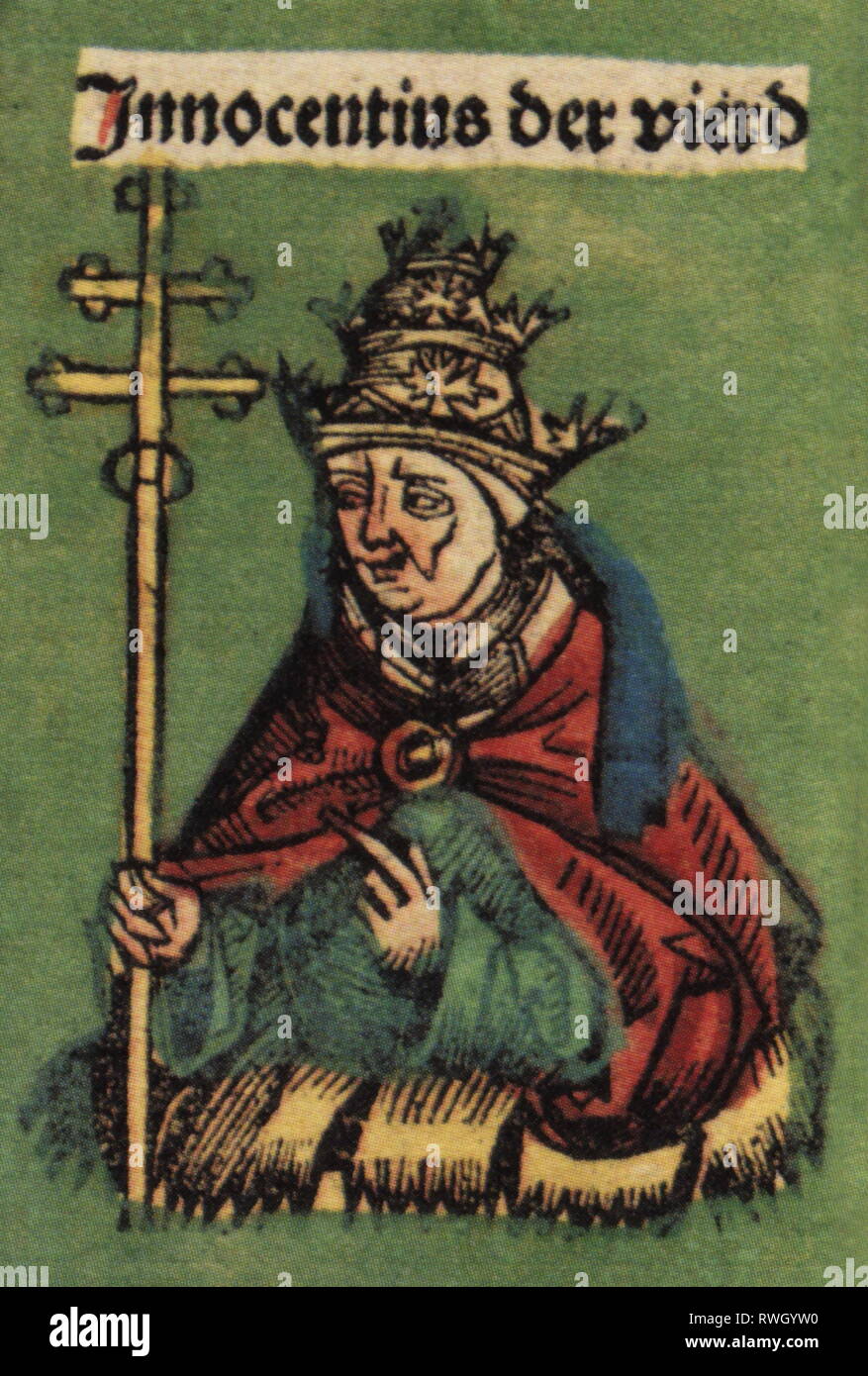 Innocent IV (Sinibaldo Fieschi), vers 1185 - 7.12.1254, le Pape 12,6 1243 - 7.12.1254, demi-longueur, gravure sur bois par Michael Wolgemut ou William Pleydenwurff à la chronique de Hartmann Schedel, Nuremberg, 1493, copyright de l'artiste n'a pas à être effacée Banque D'Images