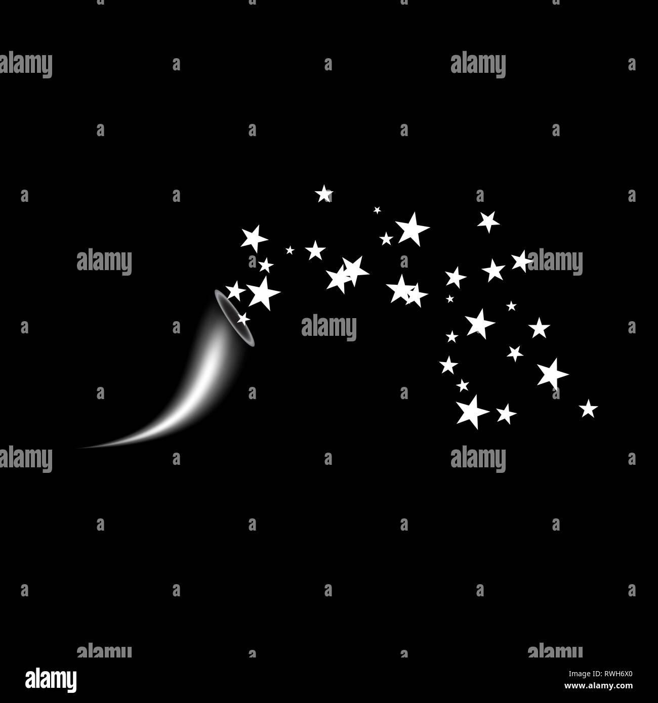 Une corne tire une étoile blanche. Star Fireworks source aléatoire de l'écoulement. Shooting Star. Étoiles sur un fond noir. Illustration de Vecteur