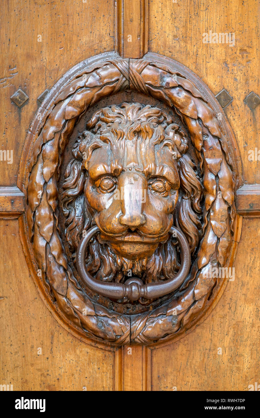 Bouches-du-Rhône (13). AIX en Provence. Porte-perce en bois sculpté en forme de tête de lion Banque D'Images
