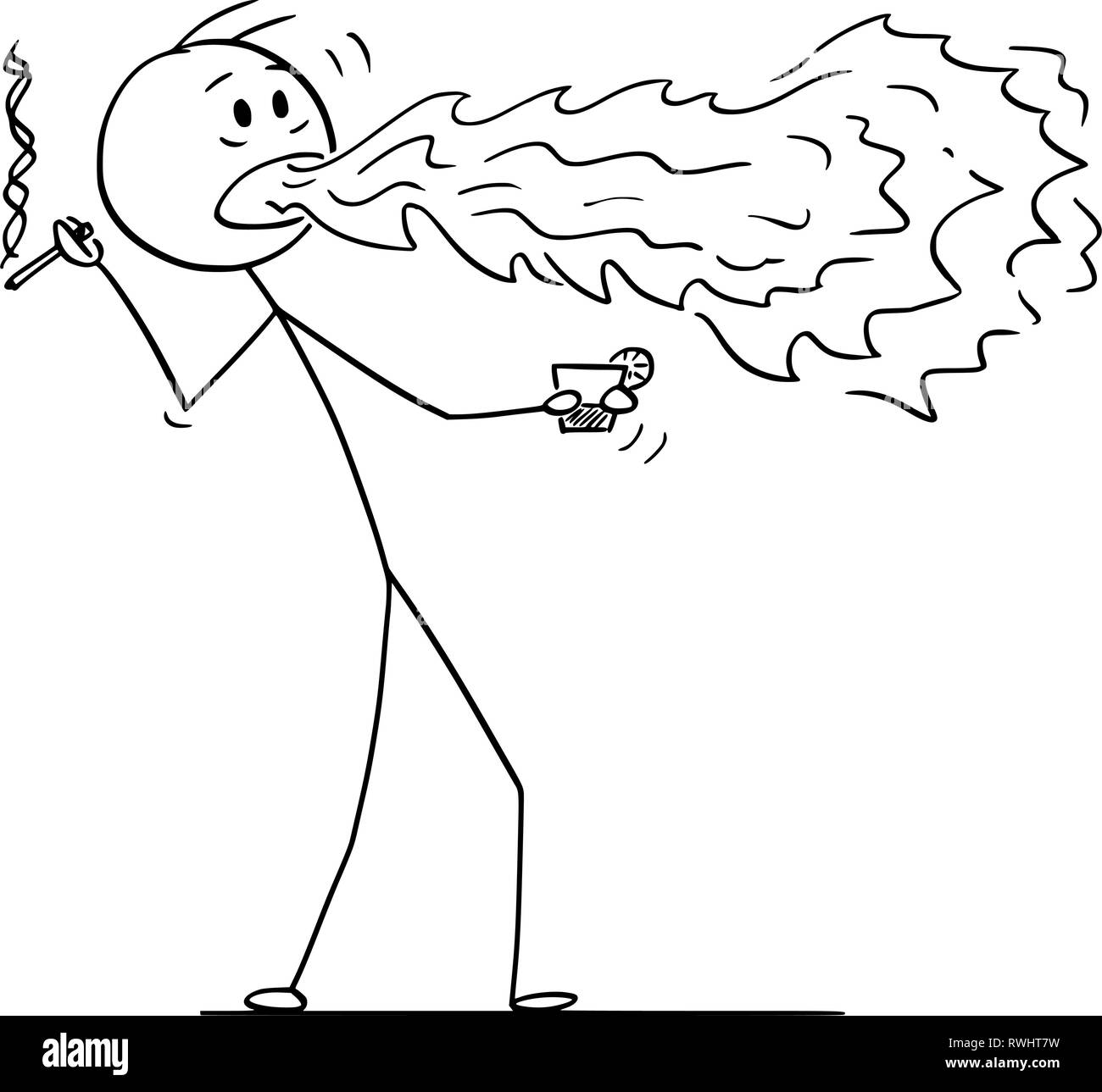 Caricature de l'homme avec la cigarette et la boisson avec le feu venant de sa bouche Illustration de Vecteur
