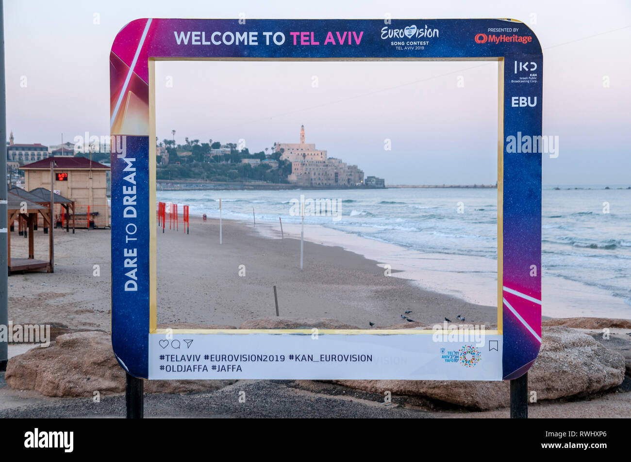 Tel Aviv est la préparation de l'Eurovision 2019 qui aura lieu à Tel-Aviv en mai 2019. Parc Charles Clore entre Tel-Aviv et Jaffa. Ce parc sera Banque D'Images