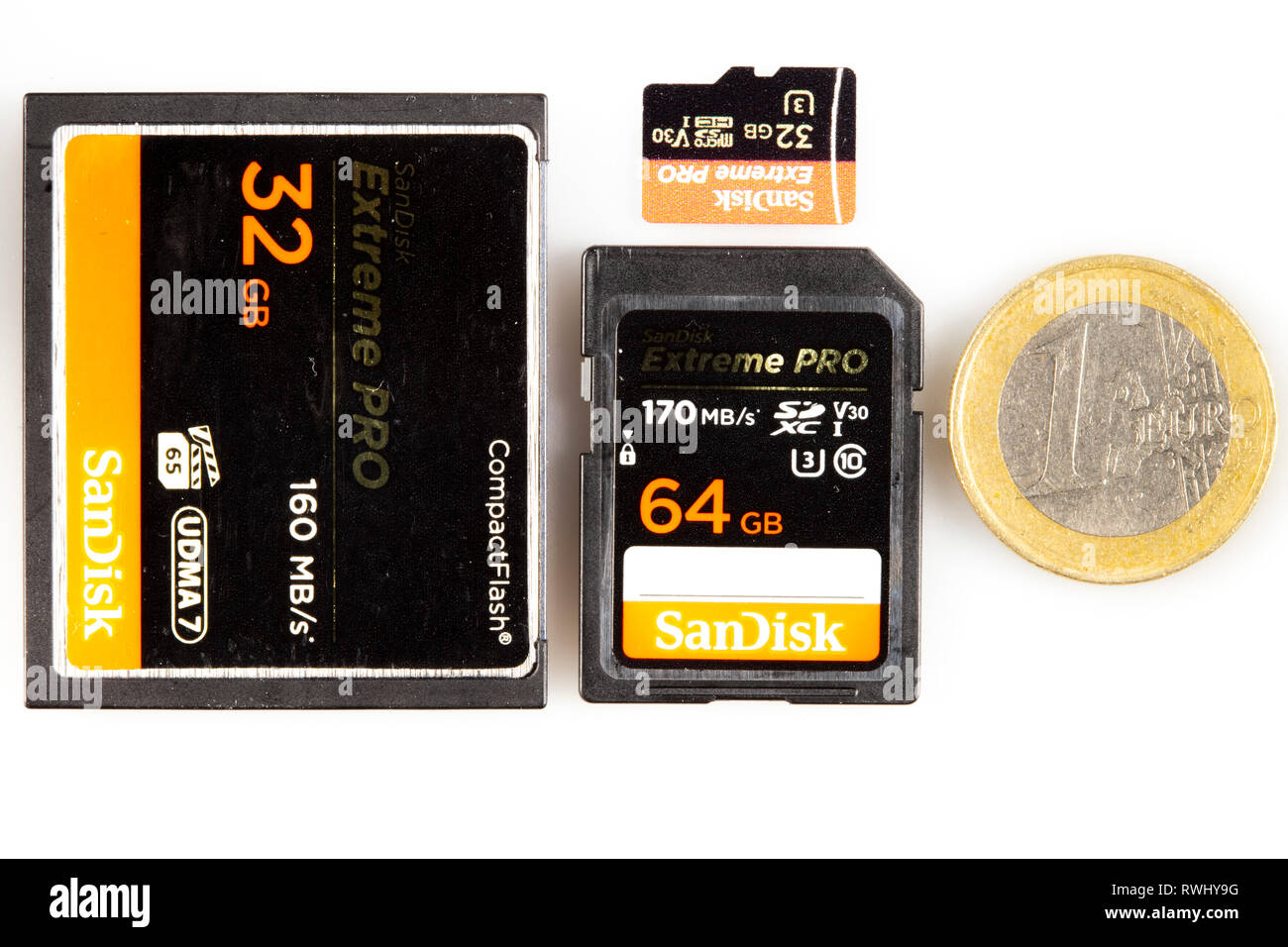 Les cartes de mémoire pour appareils photo numériques, carte mémoire  CompactFlash, carte SD, carte Micro SD, comparatif de taille, pièce Photo  Stock - Alamy