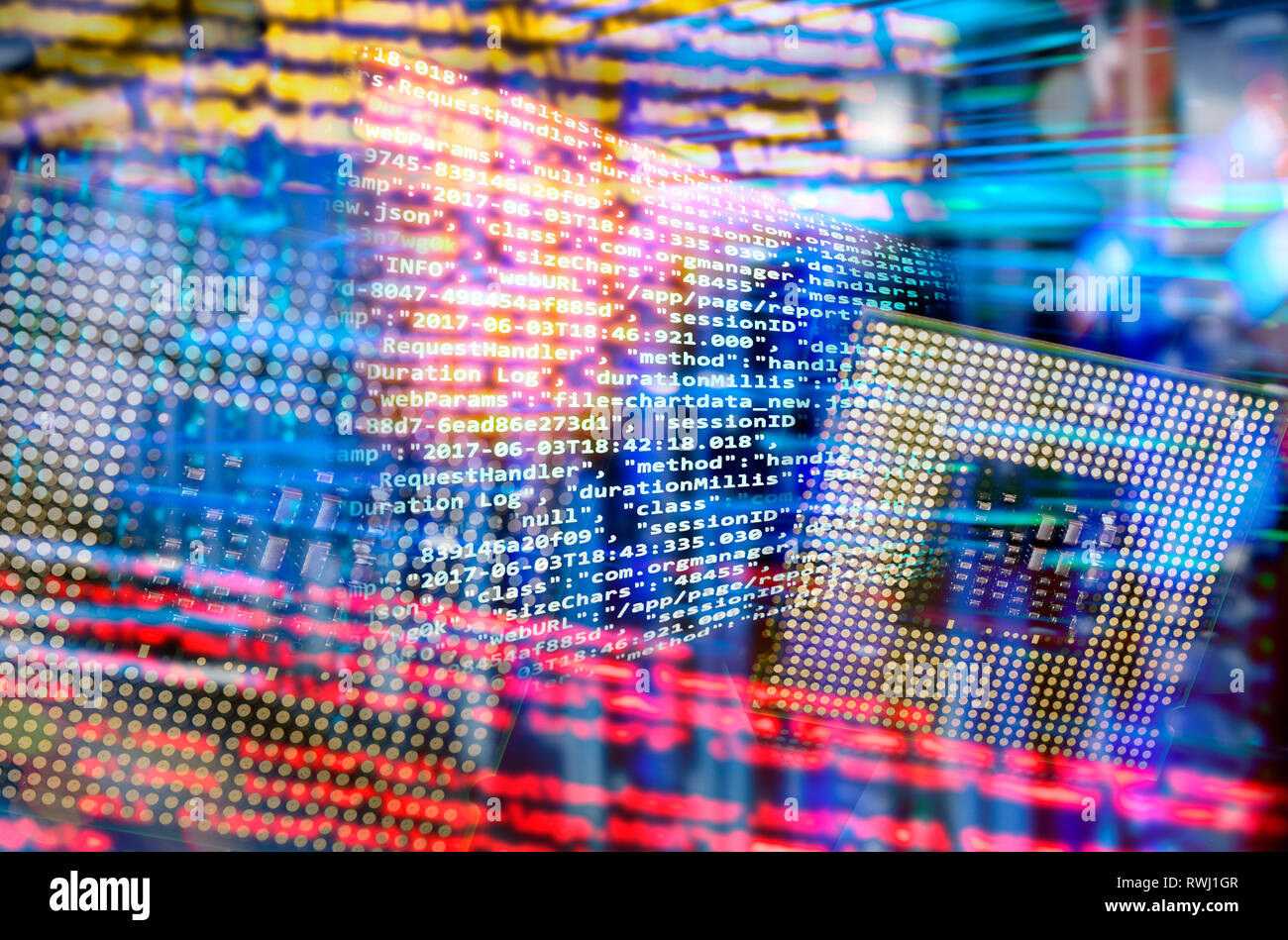 Le code du programme avec CPU et abstrait Arrière-plan technique avec des racks de serveurs et beaucoup de lumières Banque D'Images